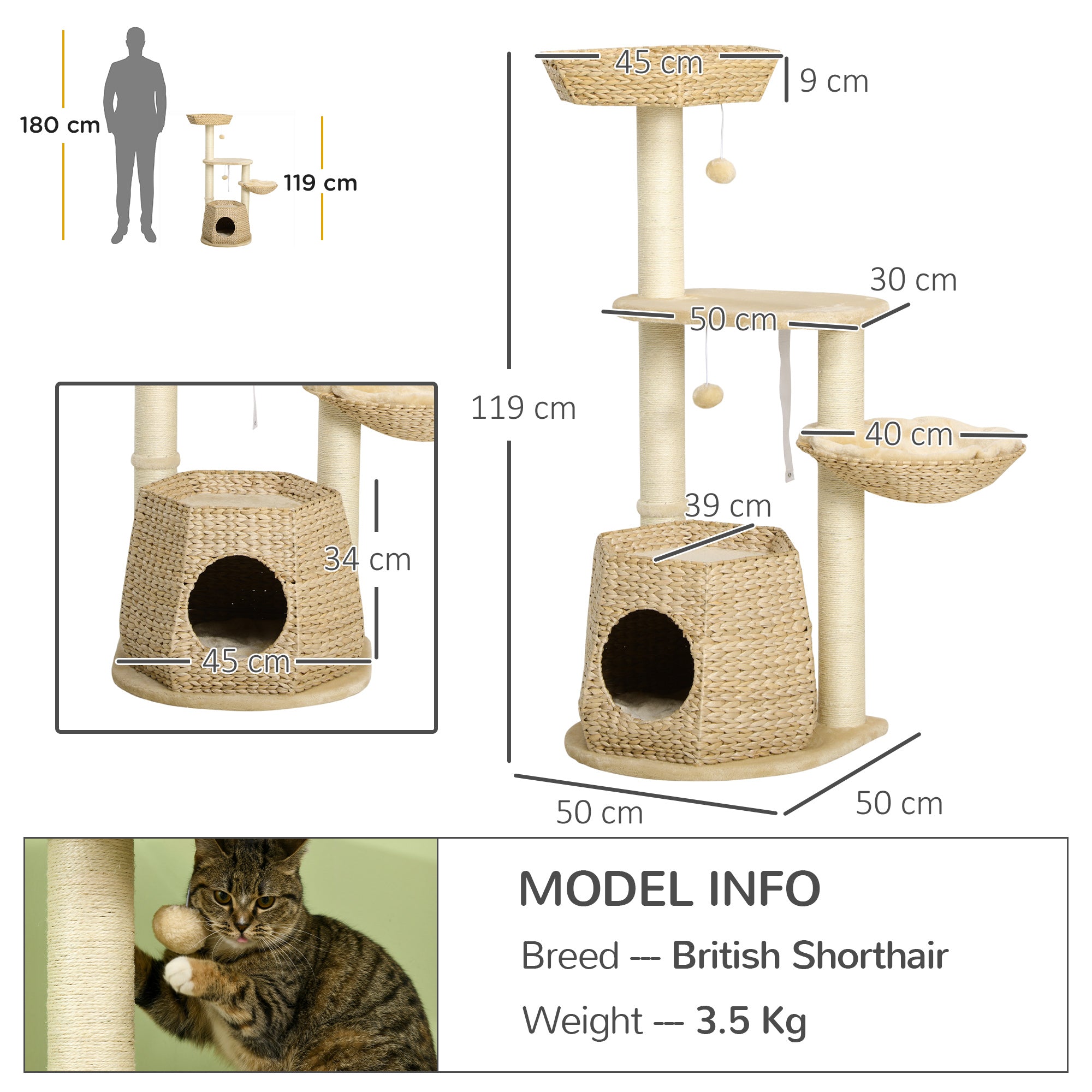 PawHut Cat Tree Activity Centre, with Cattail, Bed, Cat House, Sisal Post, Ball - Natural Tone