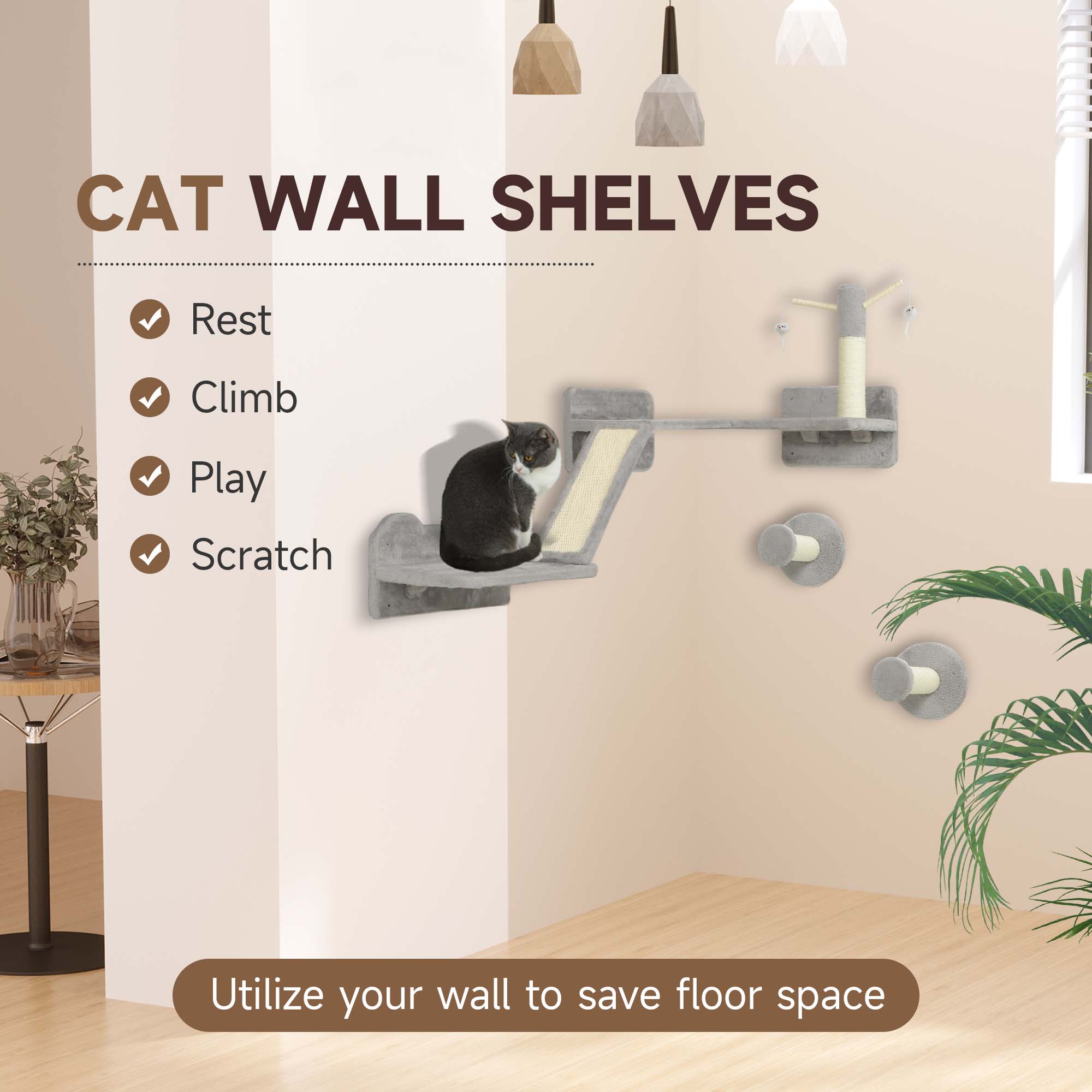 PawHut 3-Piece Cat Wall Furniture with Scratching Posts, Scratching Pads, Perches, Cat Wands, Toy Balls, Light Grey