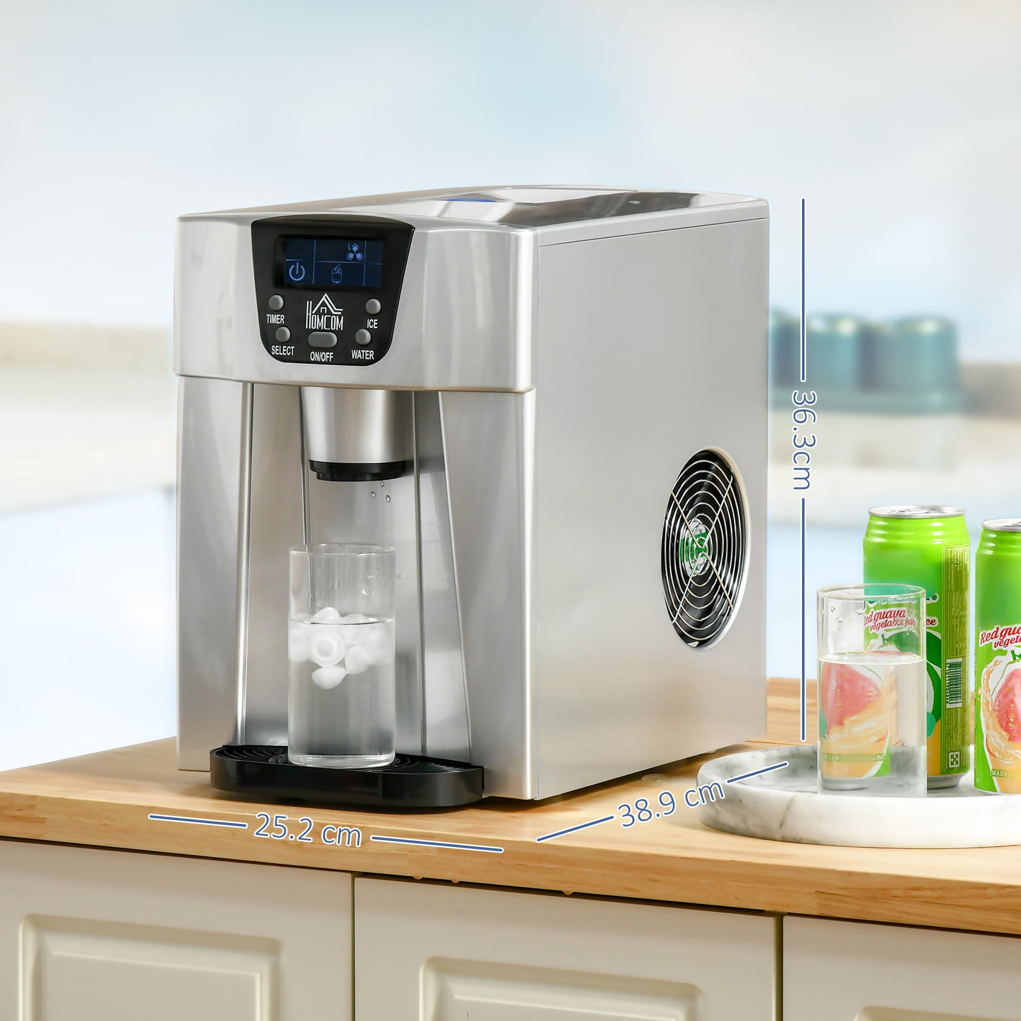 HOMCOM Ice Maker Machine and Water Dispenser, Counter Top Ice Cube Maker for Home with 3L Tank, Adjustable Cube Size, 9 Ice Cubes per 6-10 Minutes, No Plumbing Required, Silver - North Peak Garden Furniture