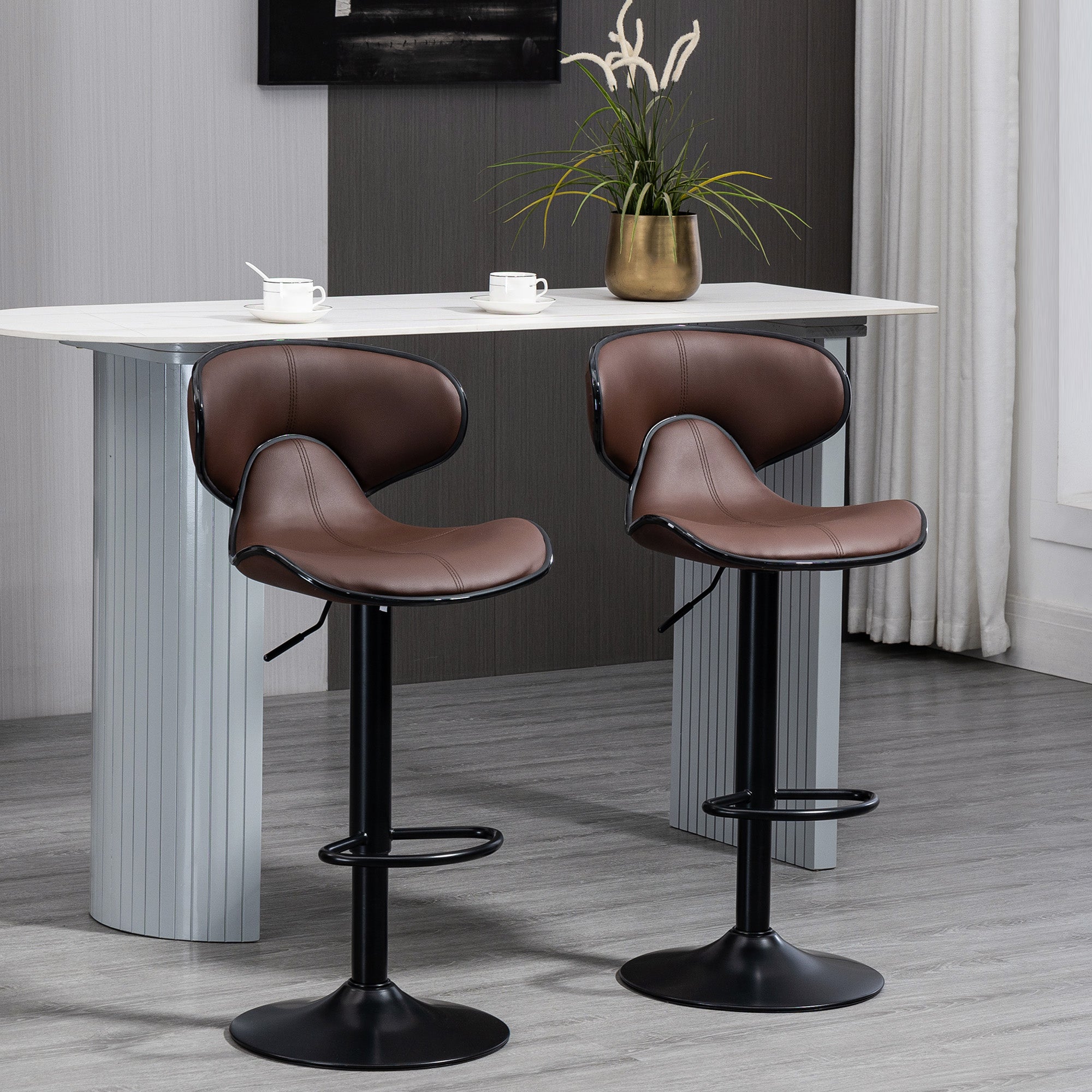 HOMCOM Adjustable Swivel Bar Stools Set of 2, Barstools with Footrest and Backrest, Steel Frame Gas Lift, for Kitchen Counter Dining Room, Brown - North Peak Garden Furniture