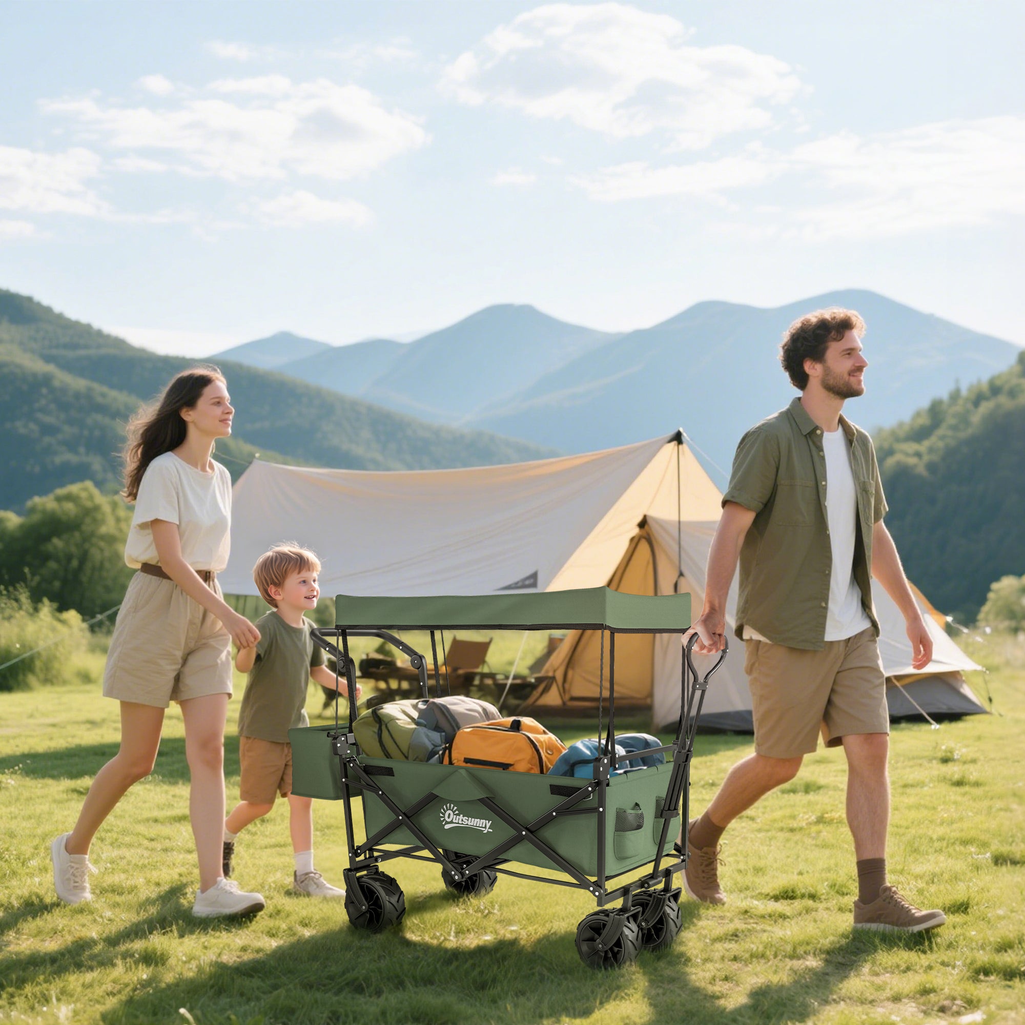 Outsunny Folding Trolley Cart Storage Wagon Beach Trailer 4 Wheels with Handle Overhead Canopy Cart Push Pull for Camping, Green - North Peak Garden Furniture