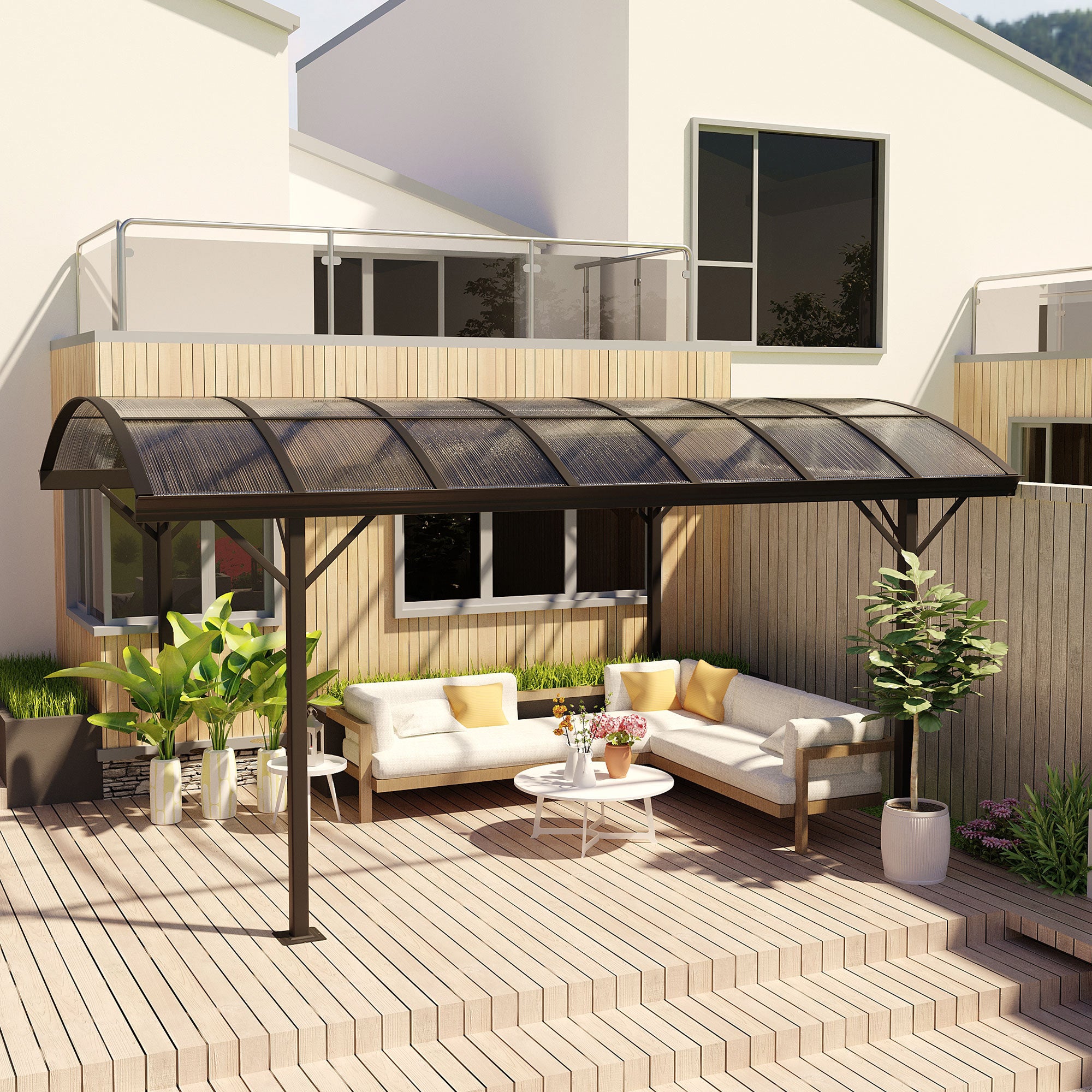 Outsunny 5 x 3(m) Hardtop Gazebo Aluminium Pavilion Carport Garden Shelter Pergola with Polycarbonate Roof, Brown - North Peak Garden Furniture