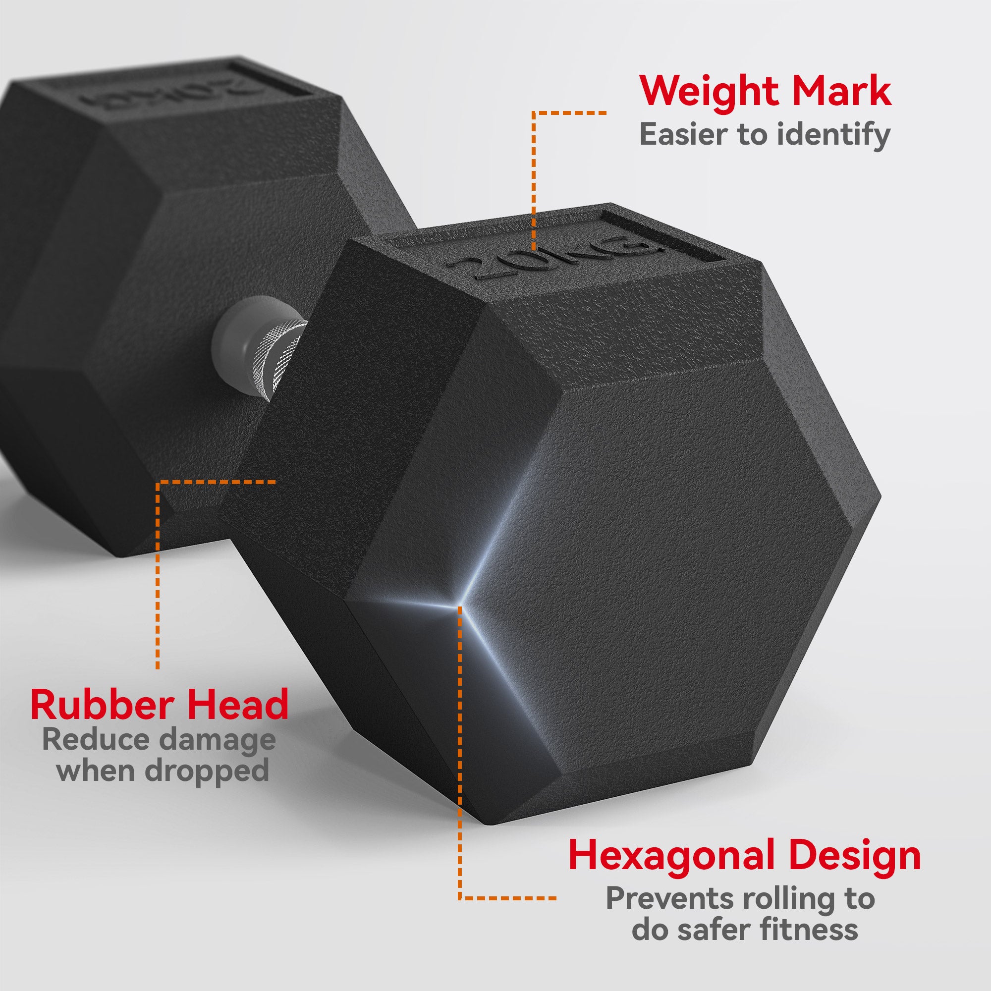 HOMCOM 20KG Single Rubber Hex Dumbbell Portable Hand Weights Dumbbell Home Gym