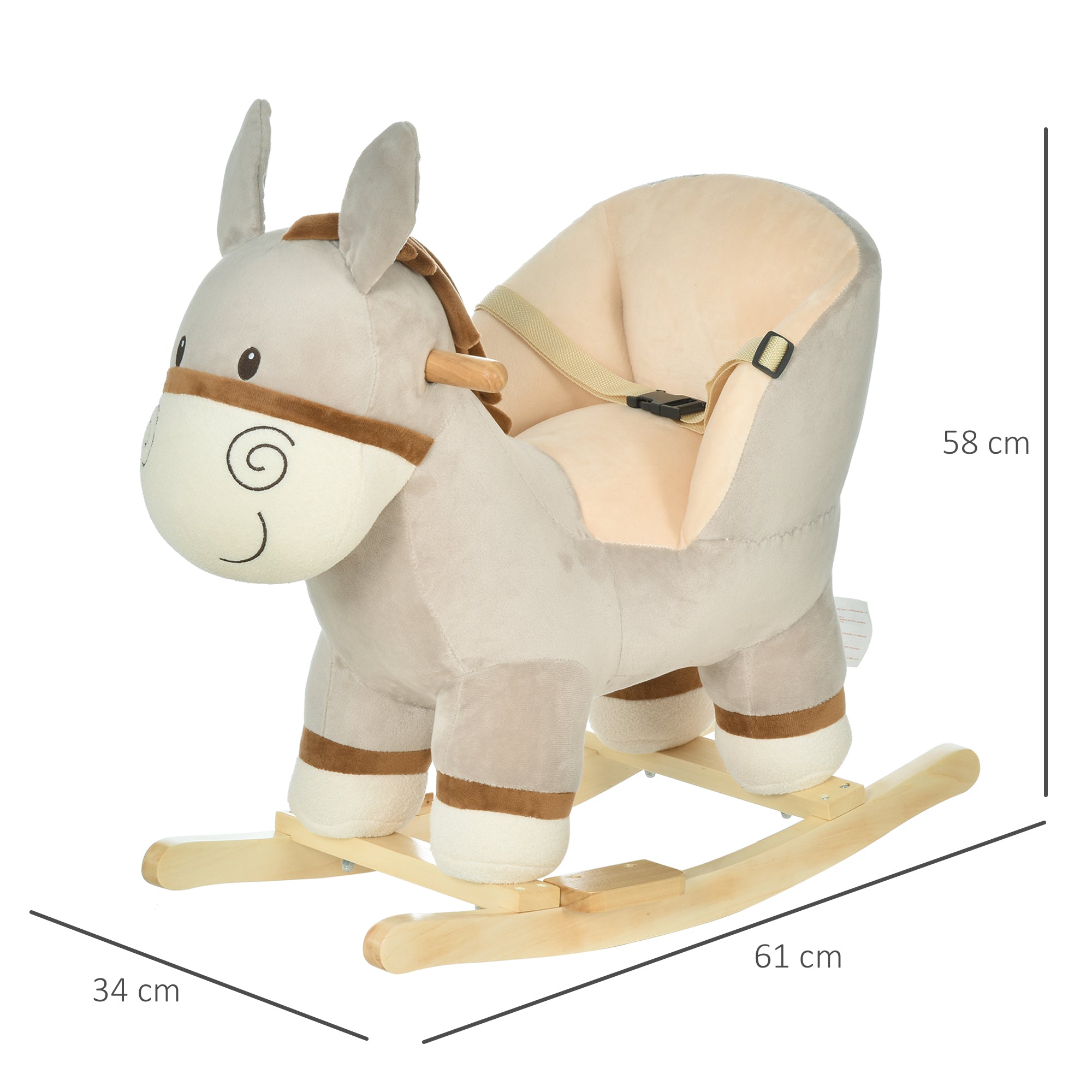 HOMCOM Kids Children Rocking Horse Plush Ride On Donkey Seat w/ Sound Wood Base Seat Safety Belt Toddler Baby Toy Rocker Grey 18 - 36 Months