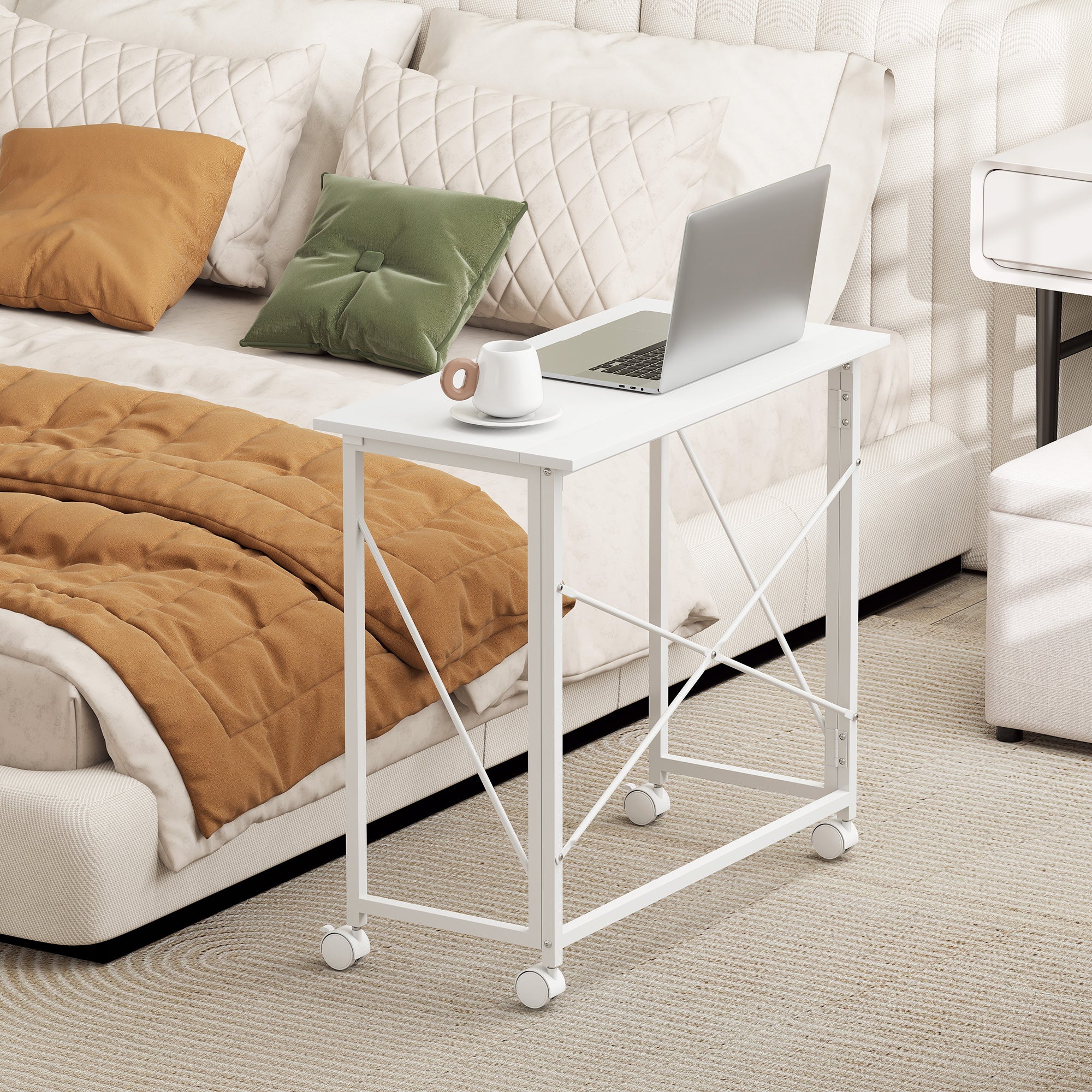 HOMCOM 80 cm Folding Desk on Wheels - White - North Peak Garden Furniture