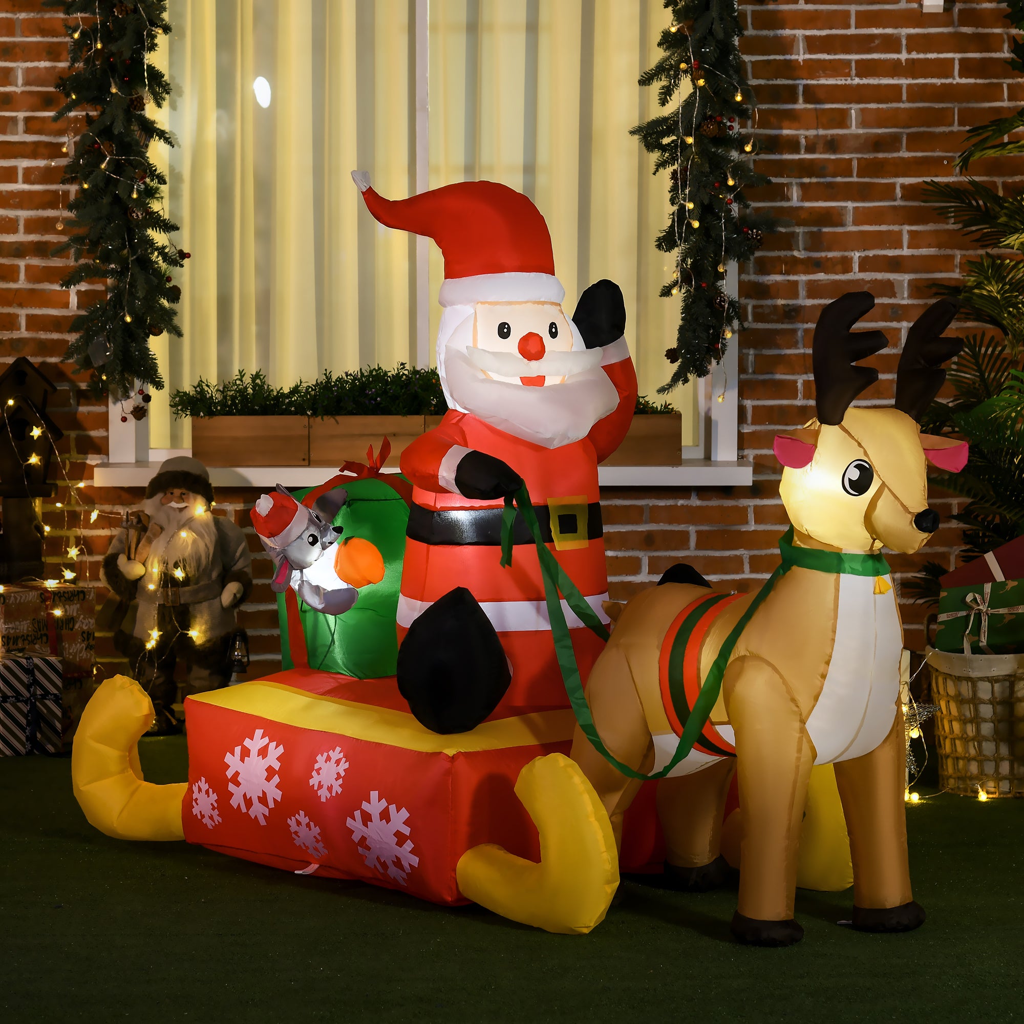 HOMCOM 4ft Christmas Inflatable Santa Claus Sledge Sleigh Reindeer Blow Up Decoration Xmas Décor for Garden - North Peak Garden Furniture