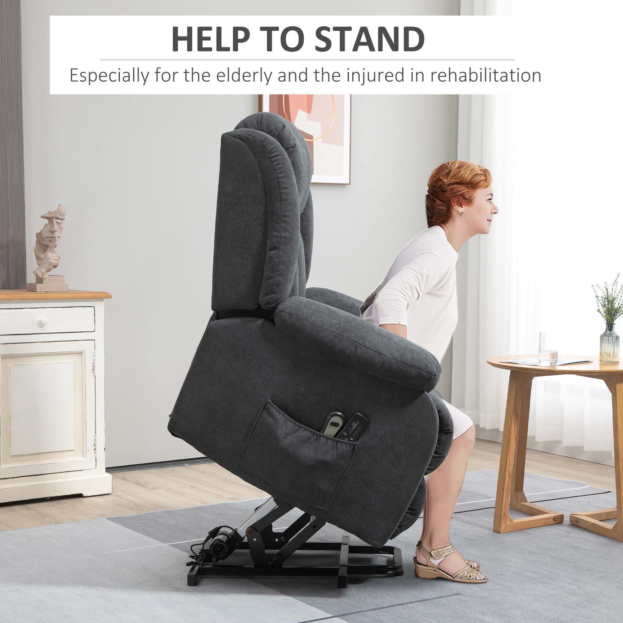 HOMCOM Oversized Riser and Recliner Chairs for the Elderly with 8 Vibration Massage, Large Fabric Upholstered Lift Chair for Living Room with Remote Control, Side Pocket, Footrest, Dark Grey - North Peak Garden Furniture