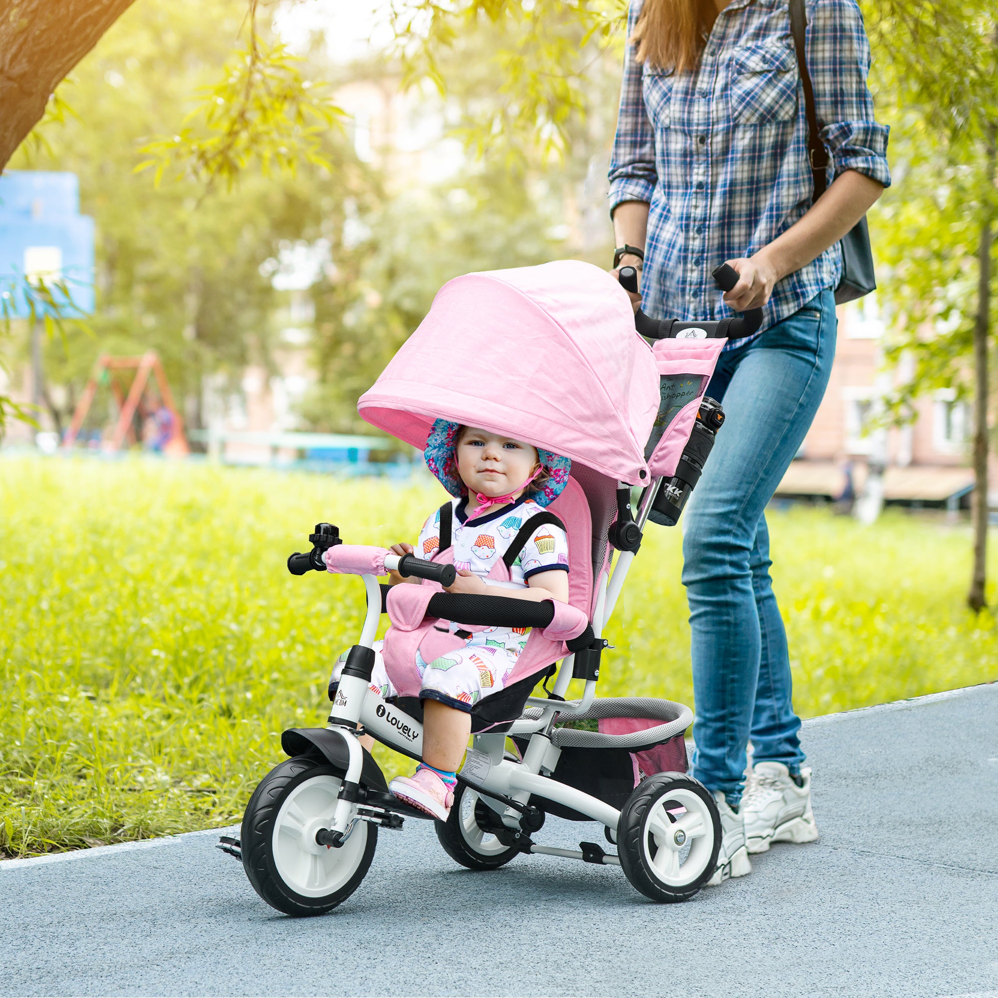 HOMCOM 6 in 1 Kids Trike Push Bike w/ Push Handle, Canopy, 5-point Safety Belt, Storage, Footrest, Brake, for 1-5 Years, Pink - North Peak Garden Furniture