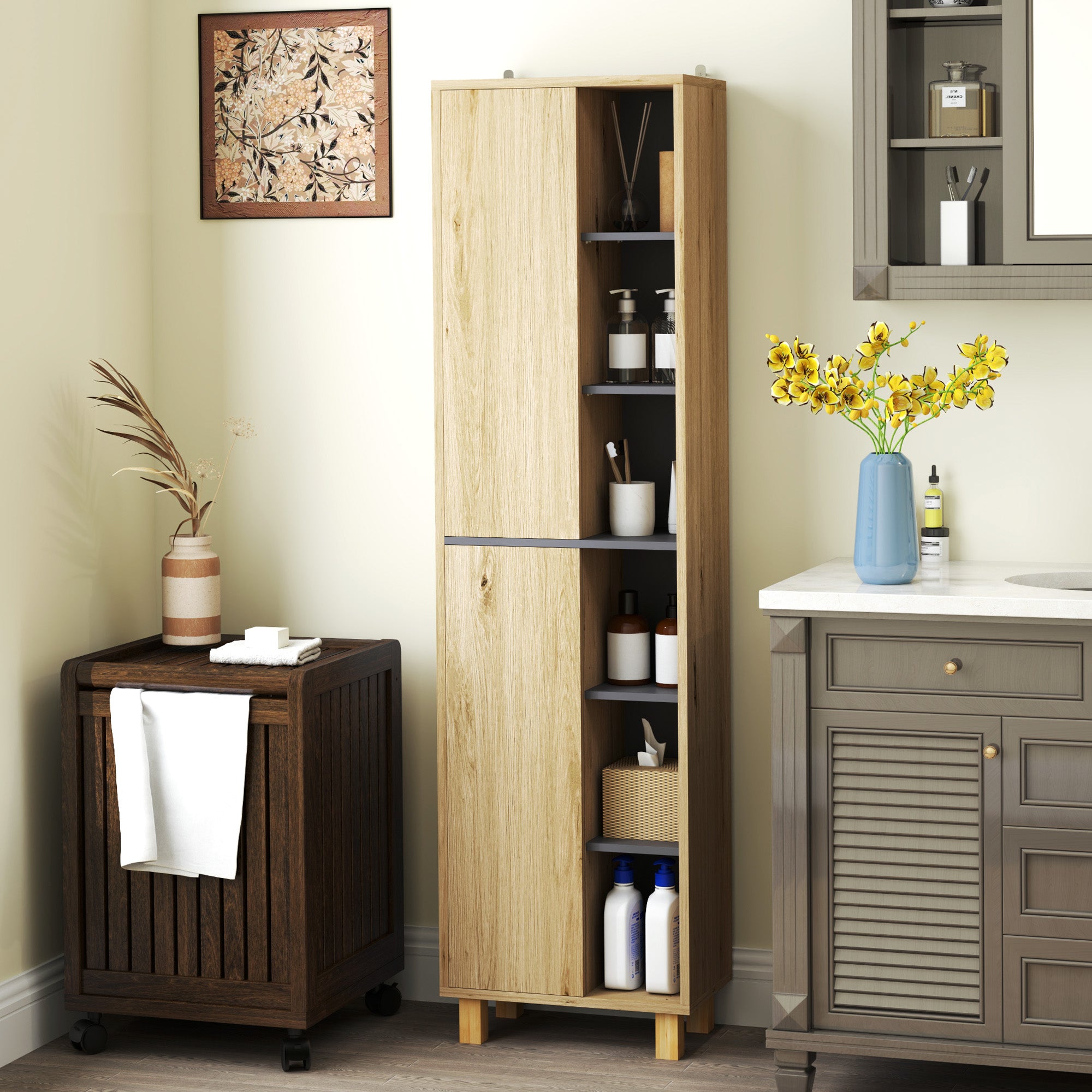 HOMCOM Multi-Storage Slim Bathroom Cabinet - Wood-Effect - North Peak Garden Furniture