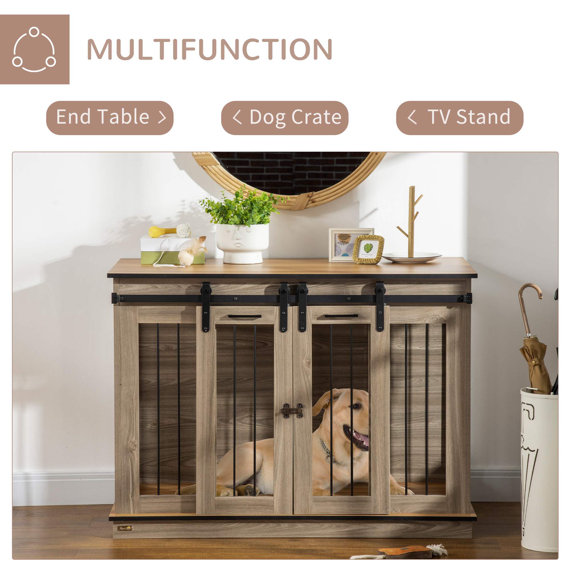 PawHut Dog Crate Furniture for Large Dogs, Double Dog Cage for Small Dogs, with Sliding Doors - Oak Tone - North Peak Garden Furniture