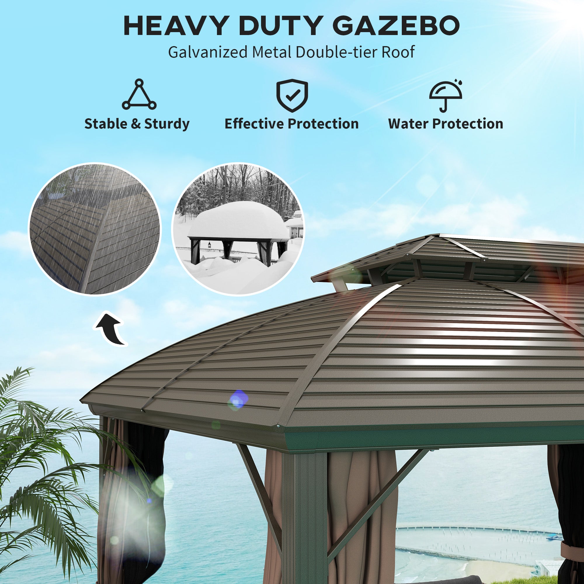 Outsunny 3.65 x 3(m) Hardtop Steel Gazebo Canopy with Aluminium Frame, Double Roof, Net Sidewalls and Curtains, Coffee - North Peak Garden Furniture