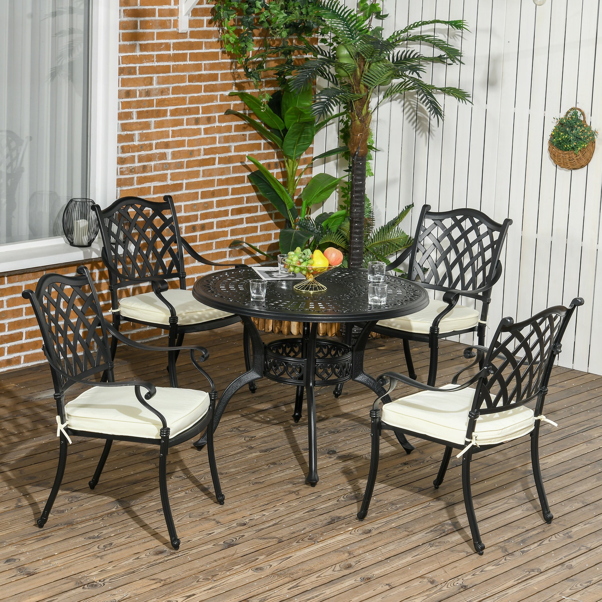 Outsunny Cast Aluminium 4 Seater Outdoor Dining Set with Cushions Parasol Hole Black