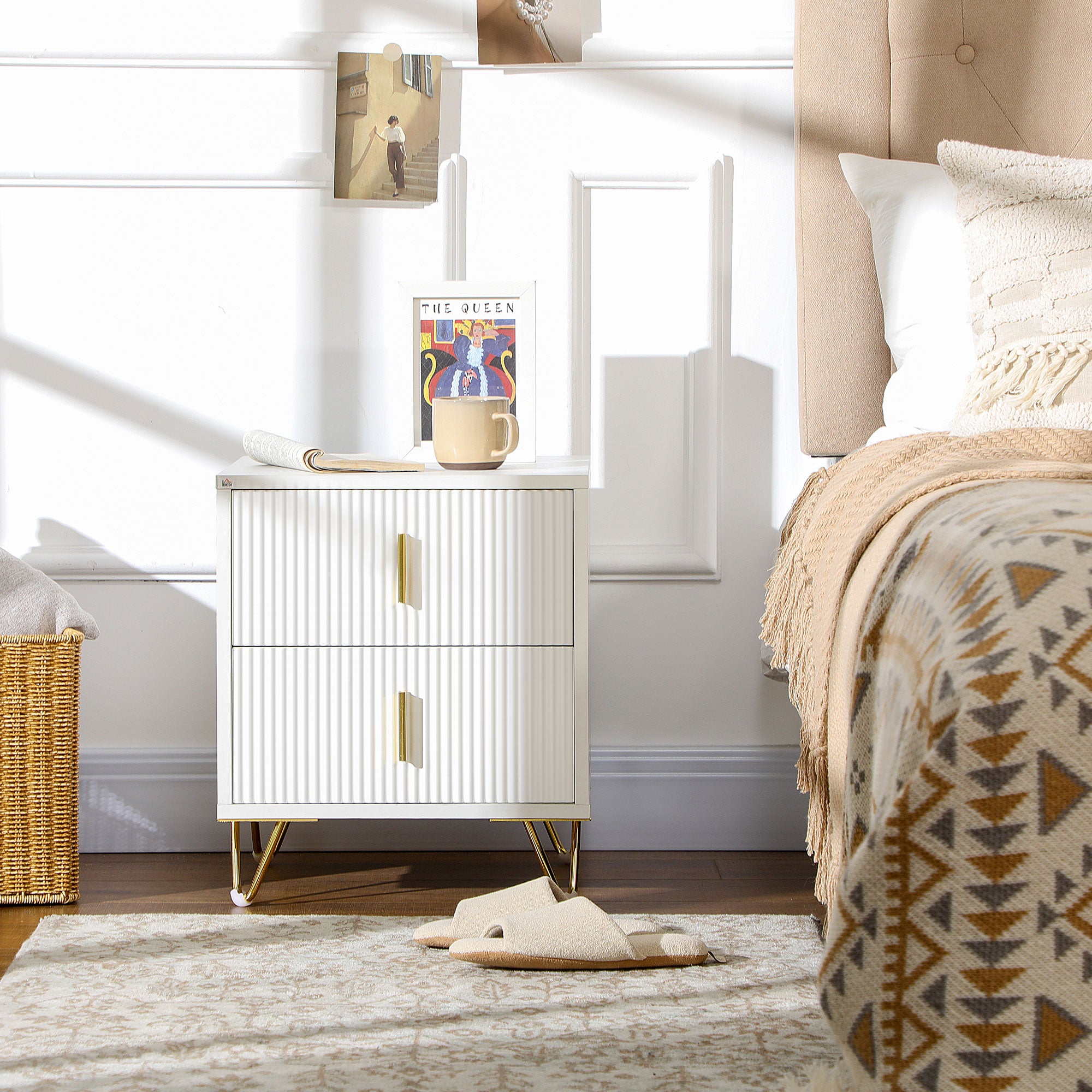 HOMCOM Bedside Table with 2 Drawers, Side End Table, Nightstand with Metal Frame for Living Room, Bedroom, White - North Peak Garden Furniture