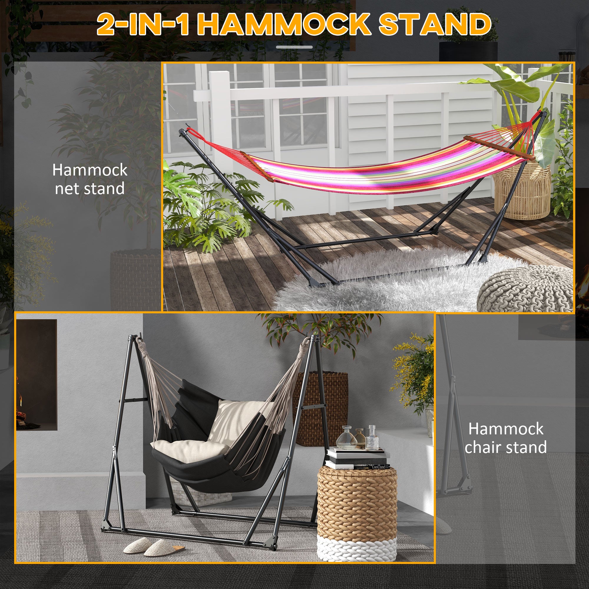 Outsunny Foldable Hammock Stand, Portable Hammock with Metal Frame, 2 in 1 Hammock Net Stand, Hammock Chair Stand with Carry Bag, Load Capacity 120kg, for Patio, Garden, Yard, Black - North Peak Garden Furniture
