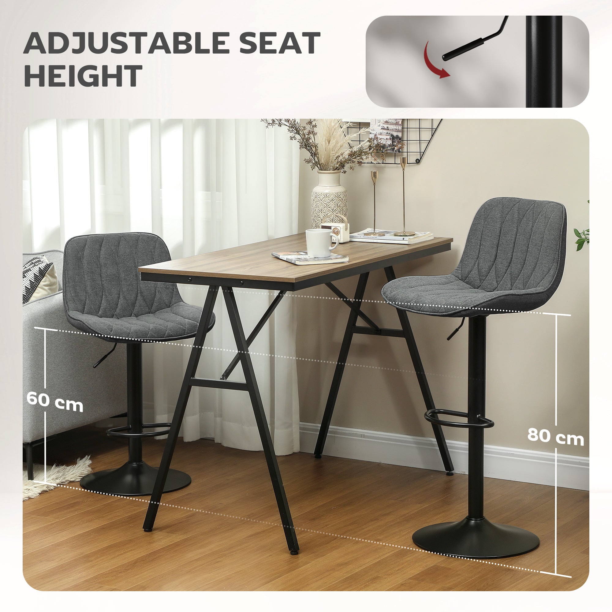 HOMCOM Bar Stools Set of 2, Height Adjustable Swivel Barstools with Backrest and Footrest, Modern Linen Upholstered Armless Bar Chairs for Kitchen, Breakfast Counter, Charcoal Grey - North Peak Garden Furniture