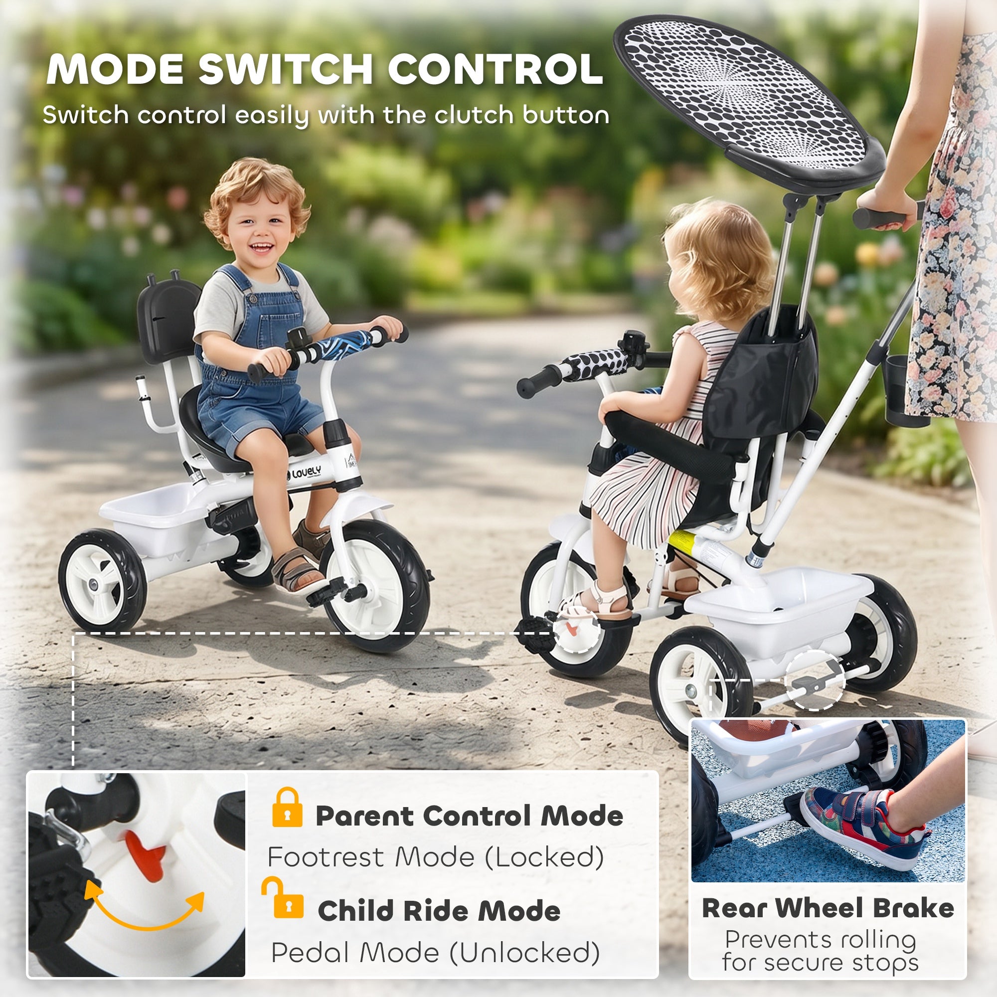 HOMCOM 6 in 1 Tricycle for Kids with 5-point harness straps, Removable Canopy, White