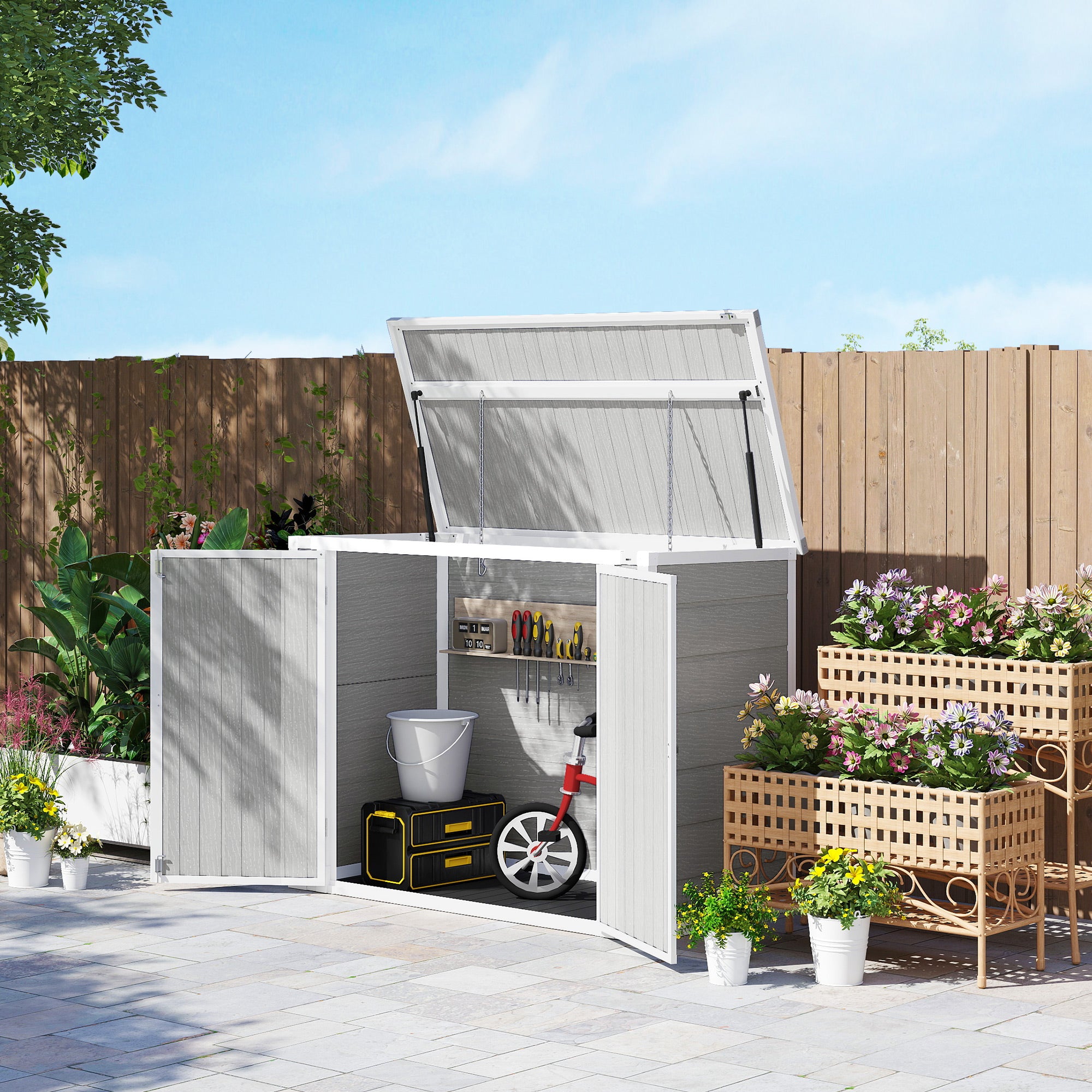 Outsunny 4.7 x 2.5FT Garden Shed, Lockable Outdoor Storage Shed with Openable Lid, Small Shed for 2 Trash Cans, Tools, Patio, Light Grey - North Peak Garden Furniture