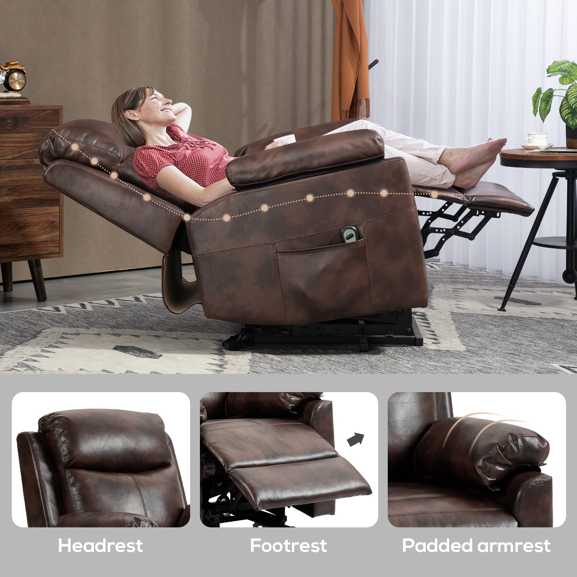 HOMCOM Faux Leather 70° Electric Riser Recliner Chair - Brown - North Peak Garden Furniture
