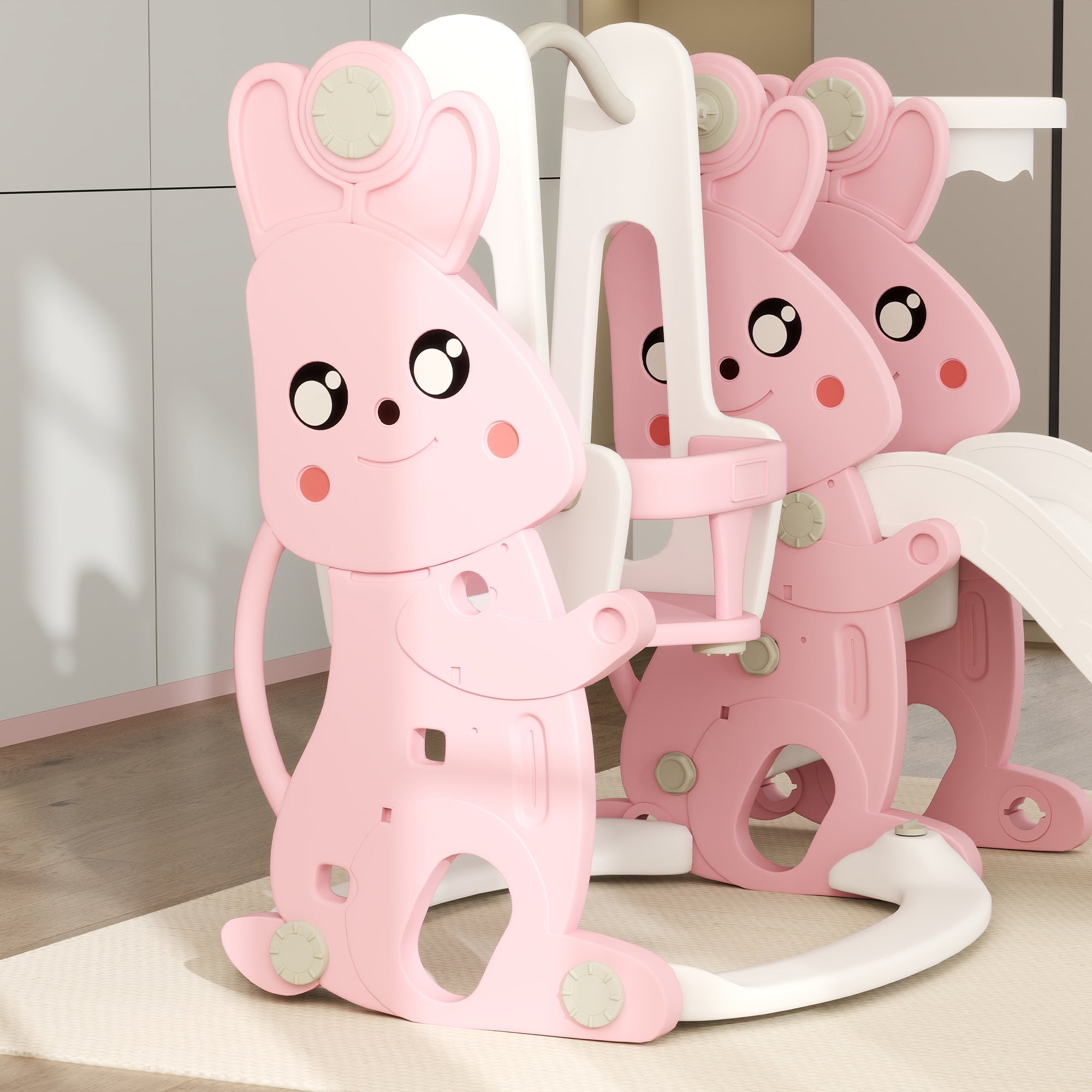 AIYAPLAY 4 in 1 Kids Slide and Swing Set with Climber, Basketball Hoop, Rabbit-Themed, Pink - North Peak Garden Furniture