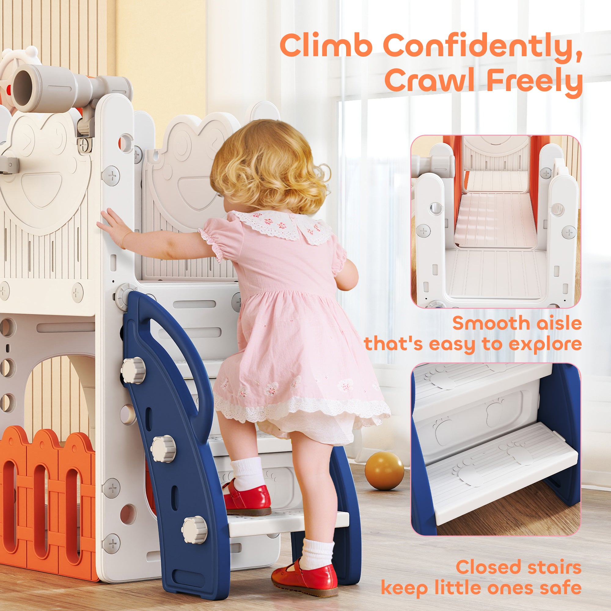 AIYAPLAY 7 in 1 Toddler Slide Set with Basketball Hoop, Climbing Frame, Telescope, Drawing Board, Storage Box, Orange