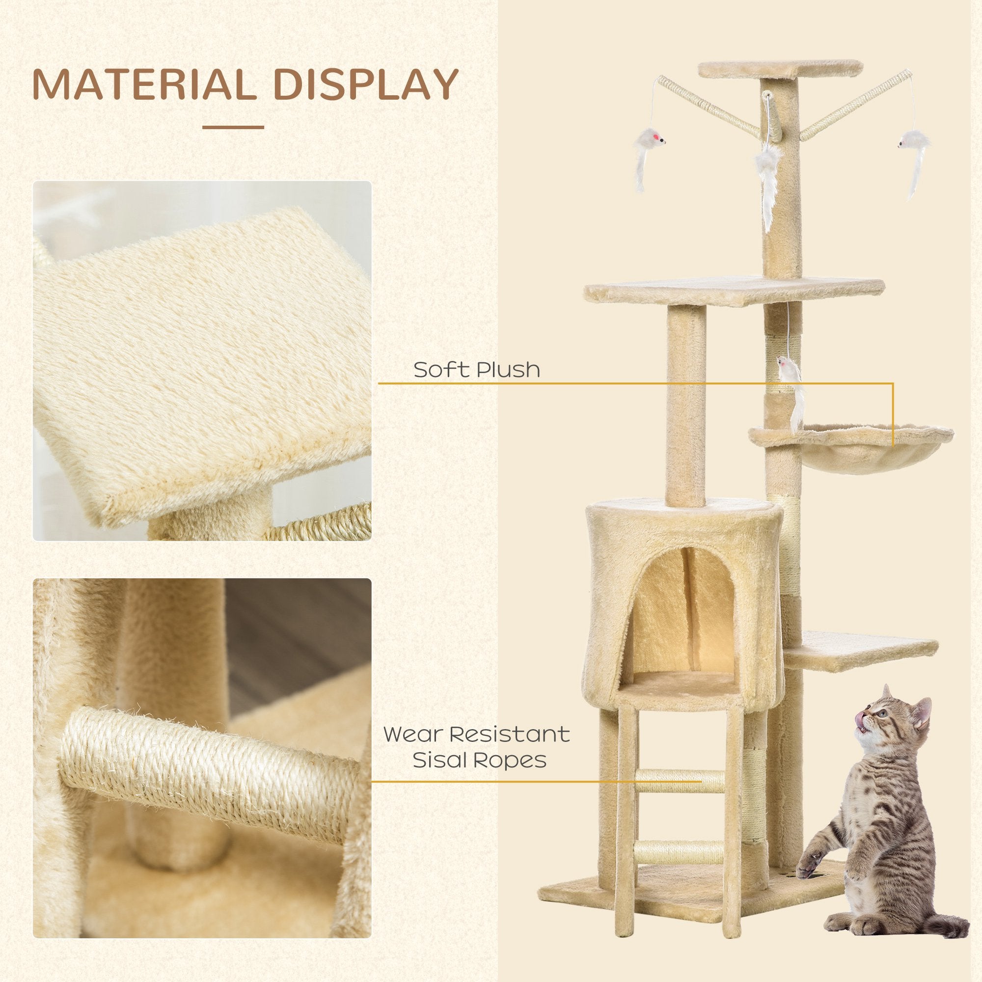 PawHut Cat Tree for Indoor Cats 135cm Cat Tower Scratching Post Kitty Scratcher Climbing Tower with Ladder, Beige - North Peak Garden Furniture