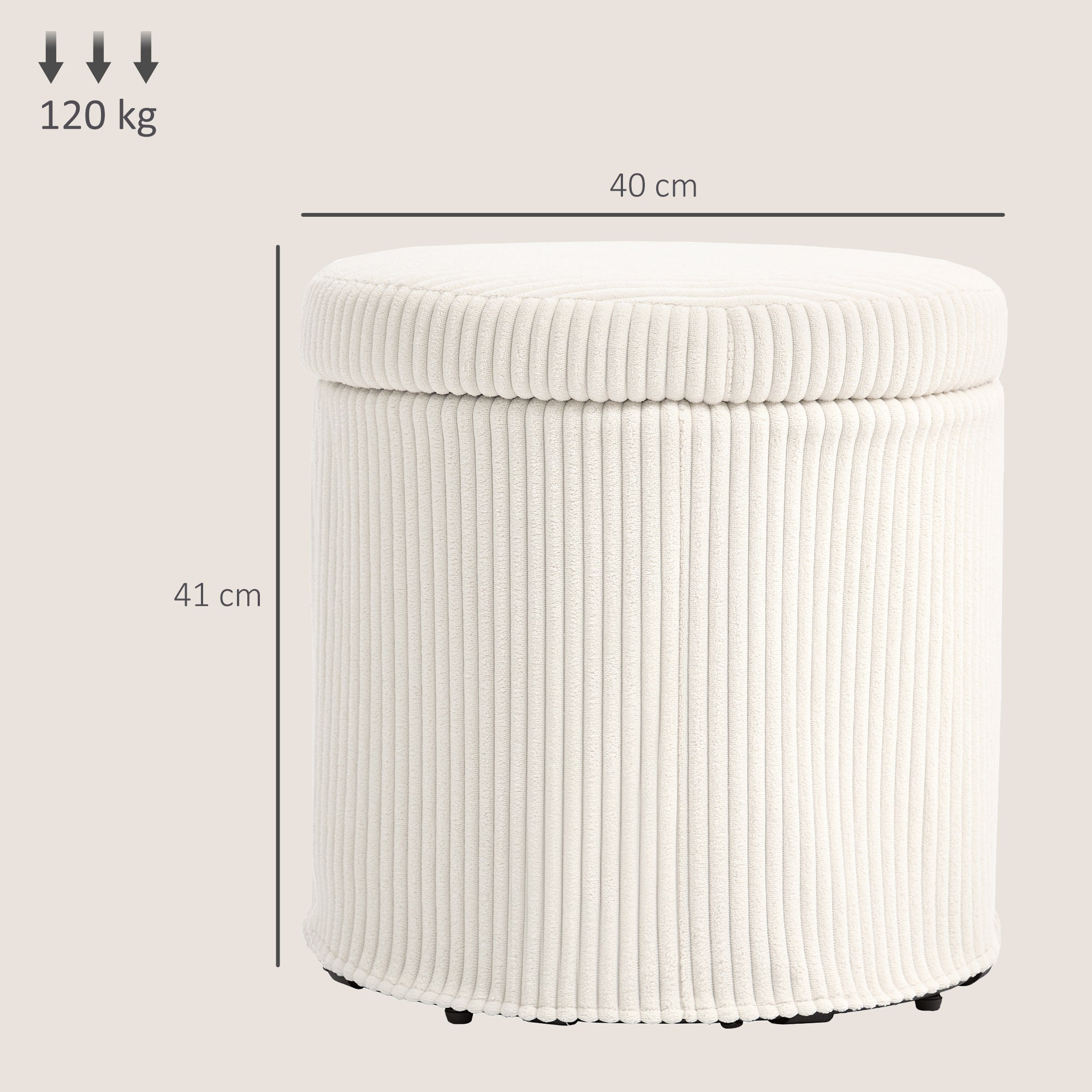 HOMCOM 40cm Round Storage Ottoman, Corduroy Footstool with Removable Lid and Legs, Vanity Stool for Living Room, Bedroom, Beige - North Peak Garden Furniture