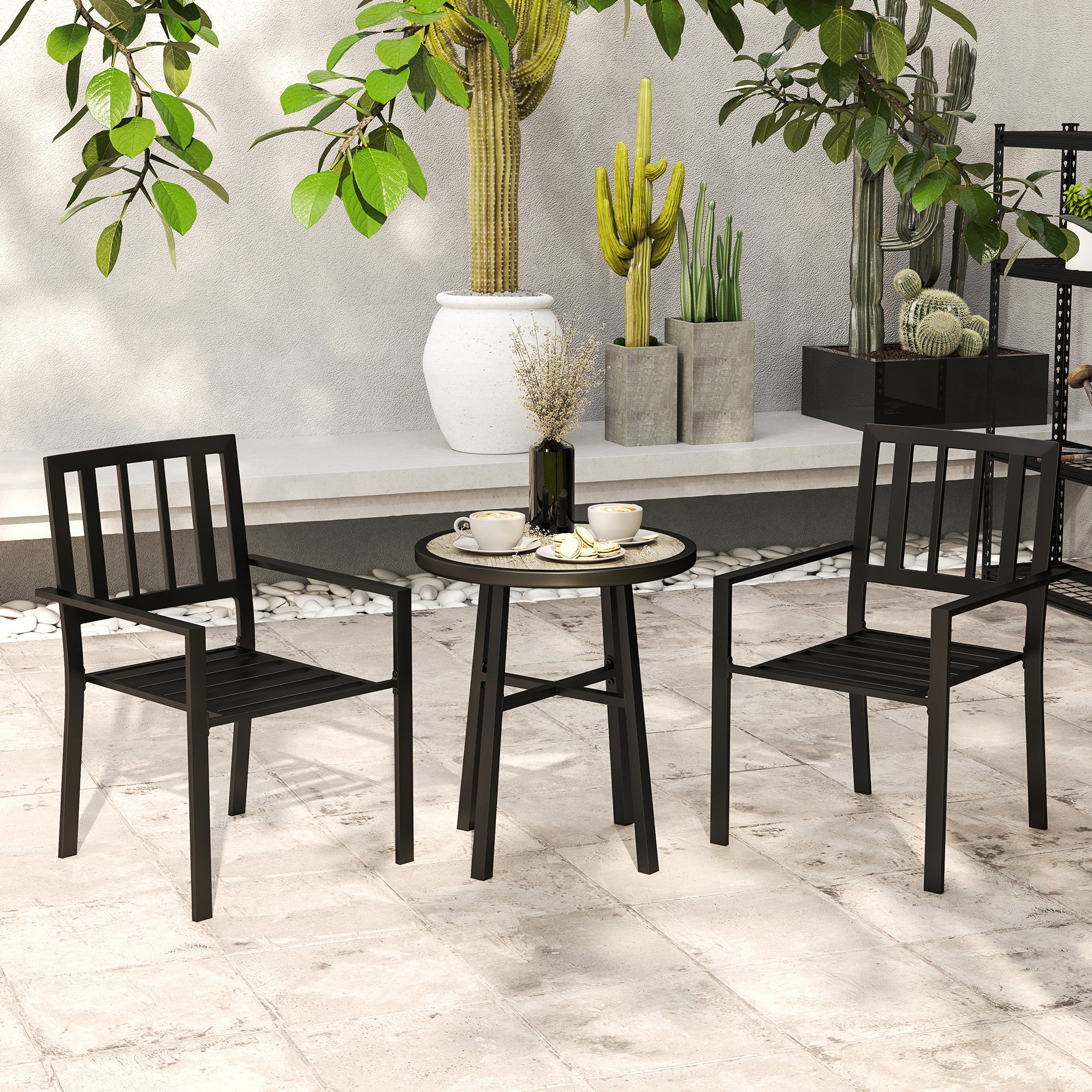 Outsunny 3 Piece Patio Bistro Set with Plastic Top, 2 Stackable Chairs, Galvanised Steel Frame, Grey - North Peak Garden Furniture