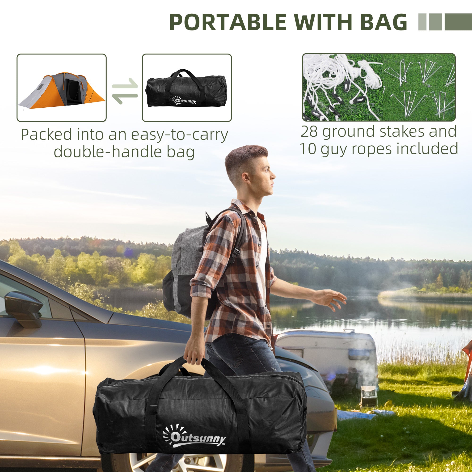 Outsunny Large Camping Tent Tunnel Tent with 2 Bedroom and Living Area, 2000mm Waterproof, Portable with Bag for 4-6 Man, Orange - North Peak Garden Furniture