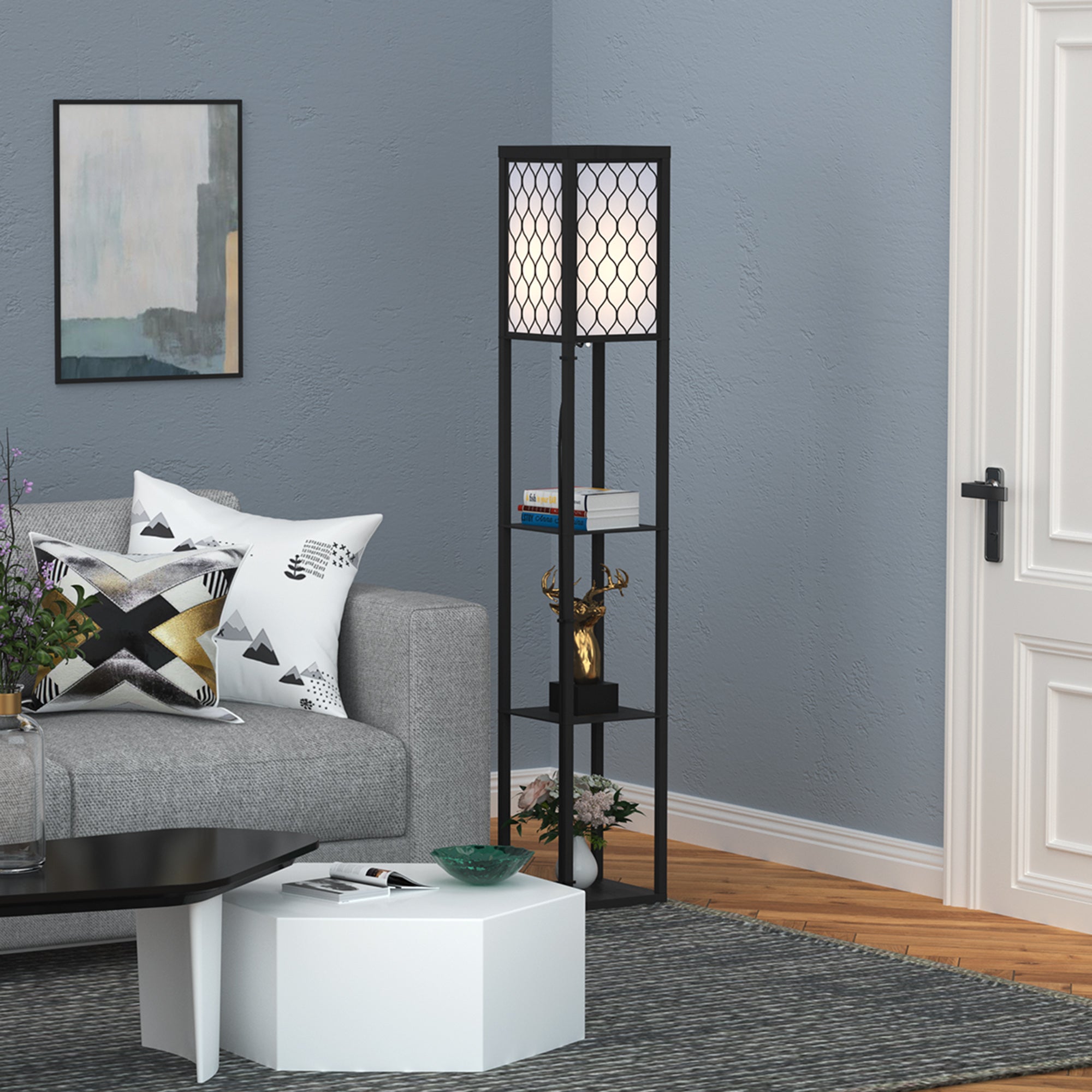 HOMCOM Shelf Floor Lamp Standing Lamp W/4-tier Wooden Open Shelves,26L x 26W x 160Hcm-Black/White - North Peak Garden Furniture