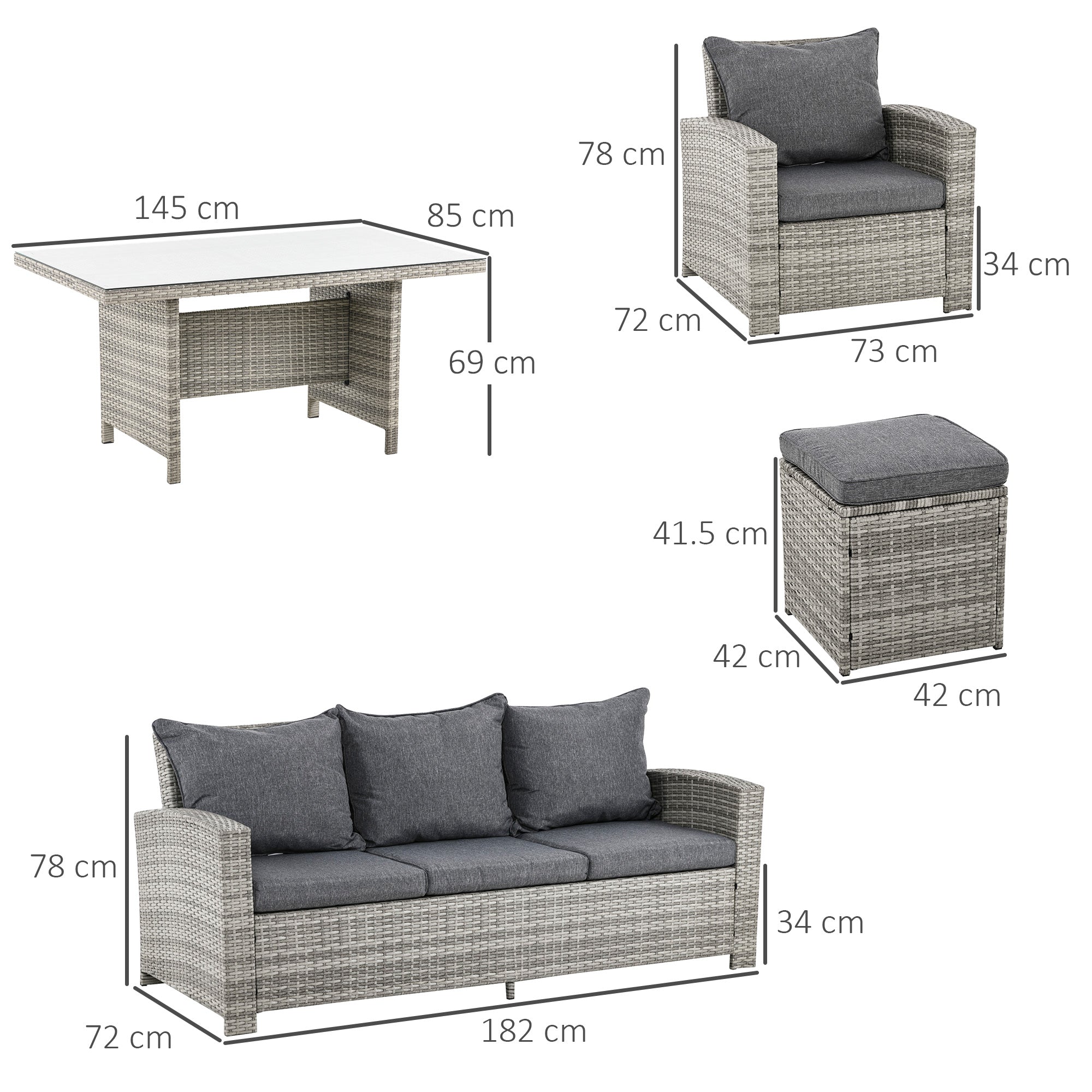 Outsunny 6 Pieces PE Rattan Garden Furniture Set with Three-seat, Armchairs and Footstools, Aluminium Patio Wicker Dining Sets w/ Glass Top Dining Table, Soft Cushion, Light Grey - North Peak Garden Furniture