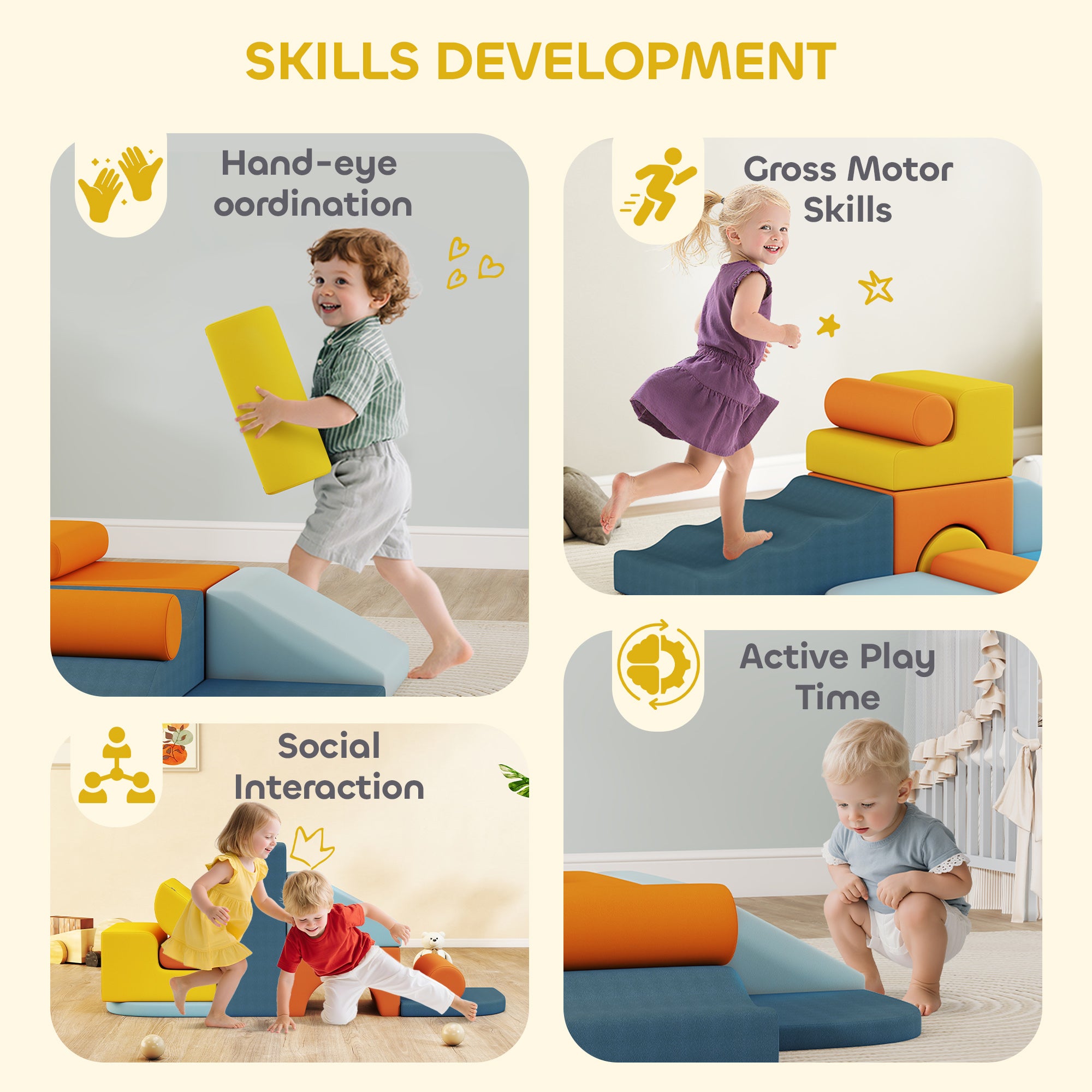 AIYAPLAY 9-Piece Soft Play Set, Kids Soft Play Foam Blocks with Detachable Cover for Climbing and Crawling