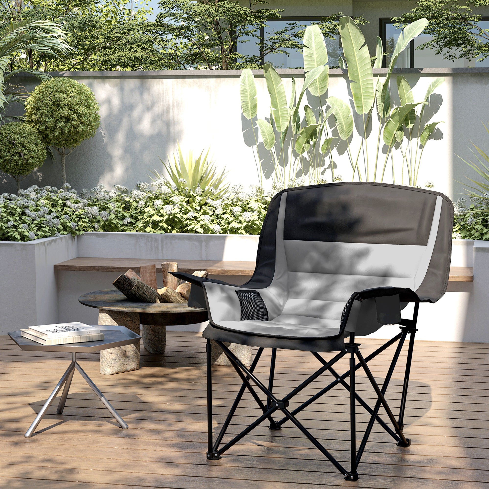 Outsunny Portable Padded Camping Chair, with Bag - Black/Grey - North Peak Garden Furniture
