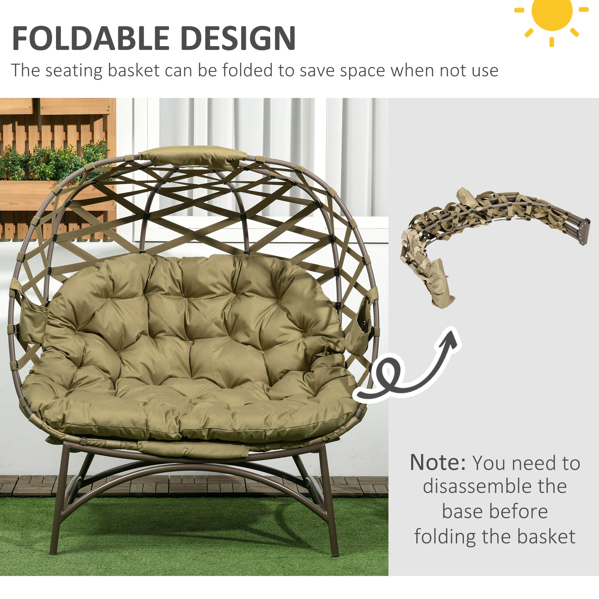 Outsunny 2 Seater Egg Chair Outdoor, Folding Weave Garden Furniture Chair with Cushion, Cup Pockets - Khaki - North Peak Garden Furniture