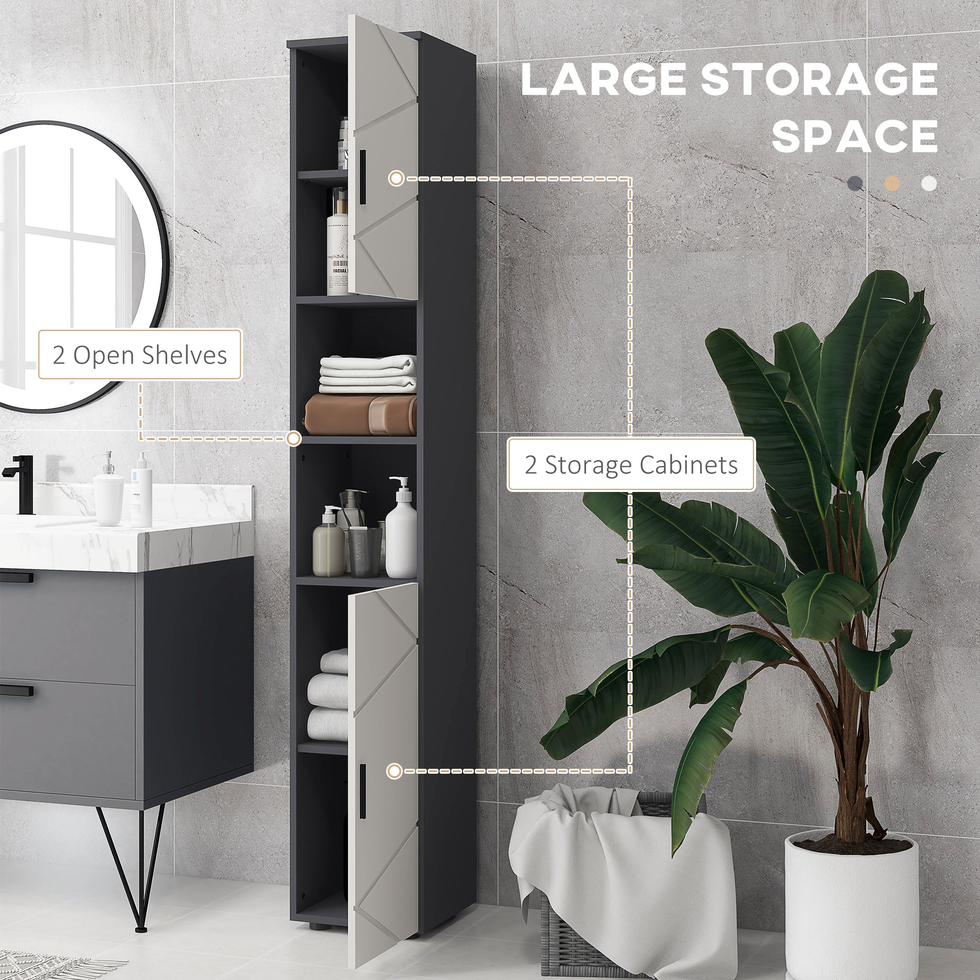 kleankin 183cm Tall Bathroom Cabinet, Narrow Bathroom Storage Cabinet with Open Shelves, 2 Doors Cabinets, Adjustable Shelves and Soft Close Mechanism, Grey - North Peak Garden Furniture