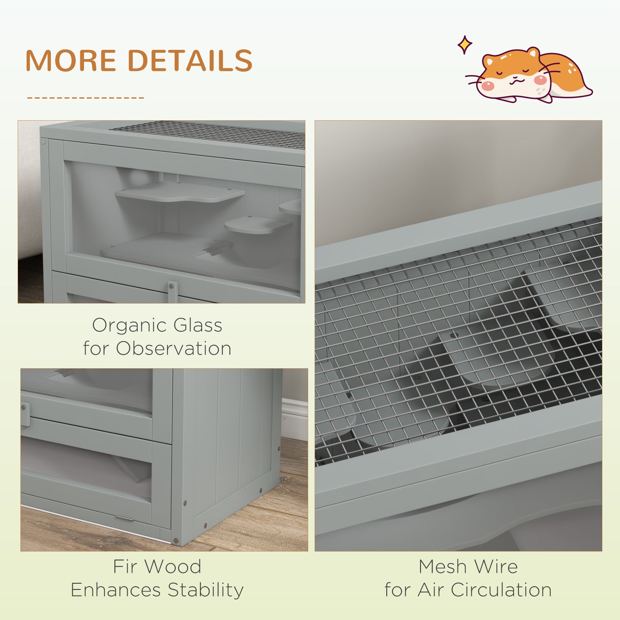 PawHut Wooden Hamster Cage Mouse Mice Rodent Small Animals Hutch Exercise Play House 60 x 35 x 42cm, Grey - North Peak Garden Furniture