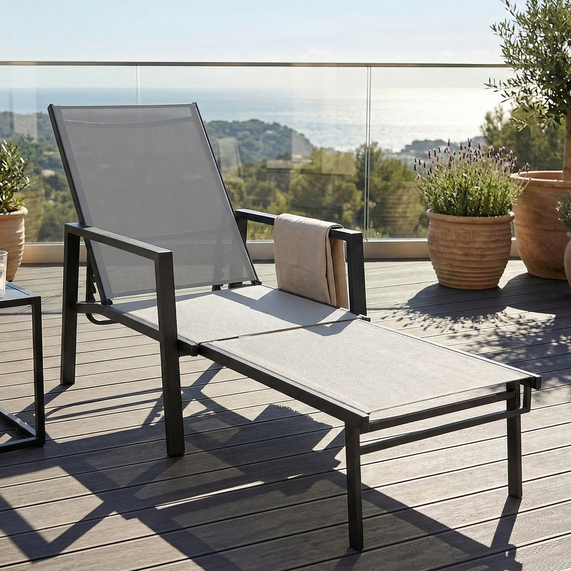 Outsunny Sun Lounger Retracable Footrest 5-Position Adjustable Steel Frame for Beach, Porch, Patio, Camping, Dark Grey