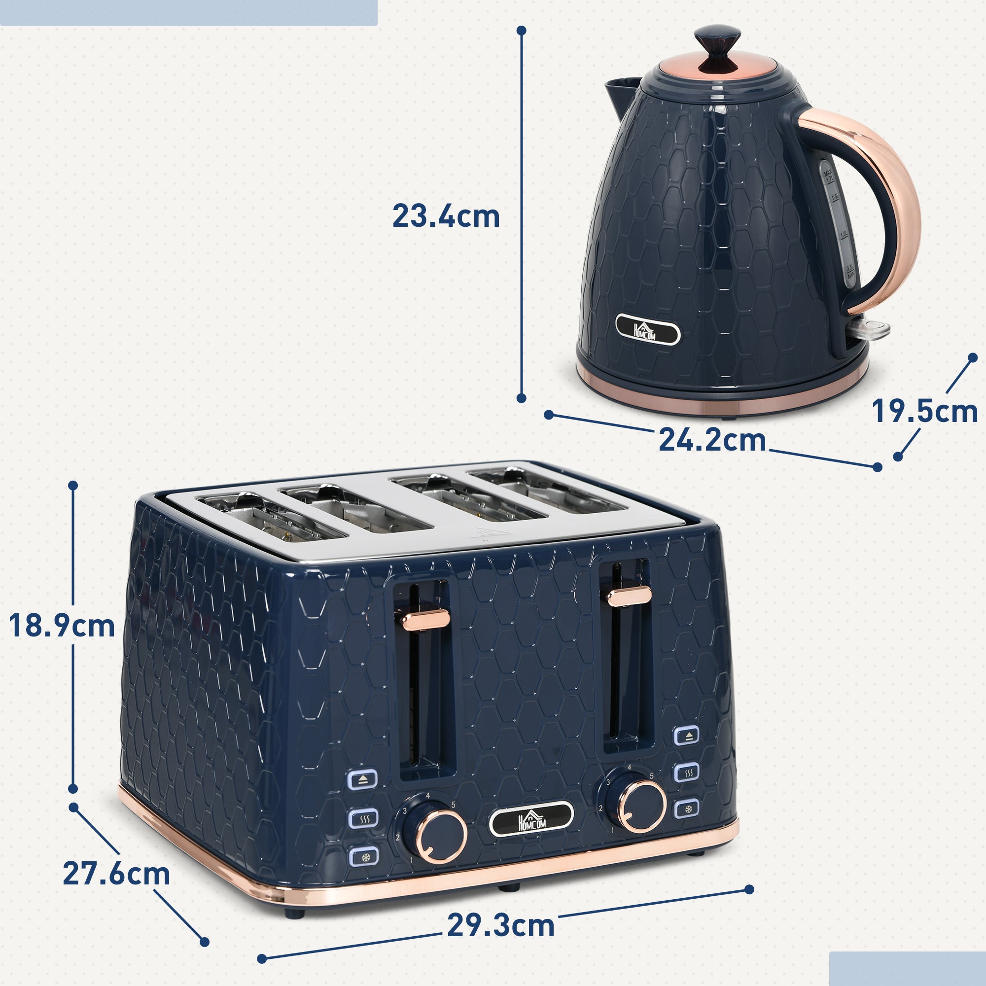 HOMCOM Kettle and Toaster Set, 1.7L 3000W Fast Boil Jug Kettle with Auto Shut Off, 4 Slice Toaster with 7 Level Browning Controls & Crumb Tray, Blue - North Peak Garden Furniture