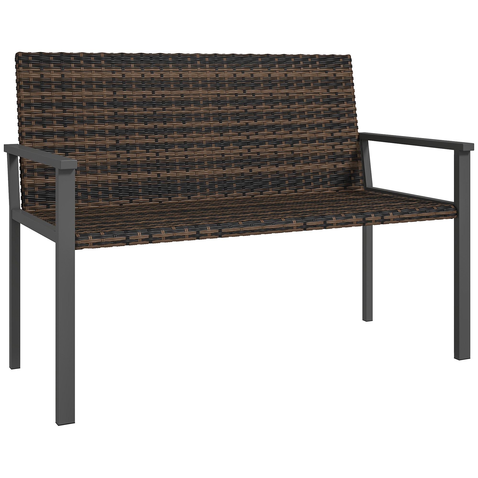 Outsunny 2 Seater Rattan Garden Bench, Outdoor Bench with Quick-Drying Cotton Padding, Wicker Garden Loveseat with Armrests, Steel Frame for Patio, Park, Mixed Brown - North Peak Garden Furniture