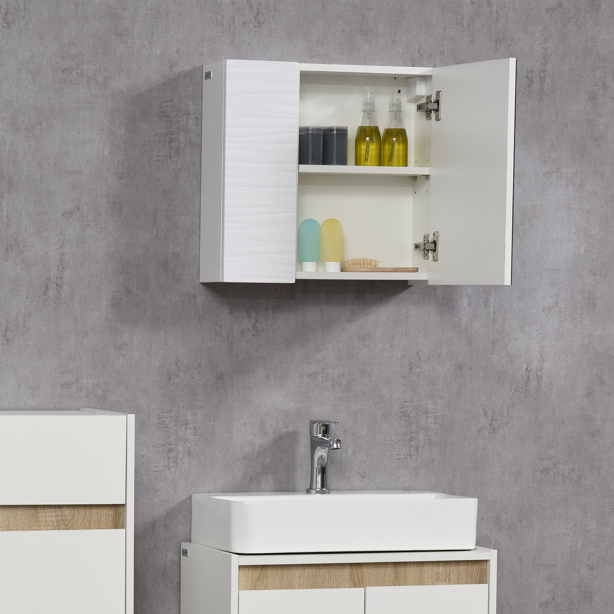 kleankin Bathroom Cabinet with Mirror, Double Door Wall Mounted Storage Cupboard Organizer with Adjustable Shelves, White - North Peak Garden Furniture