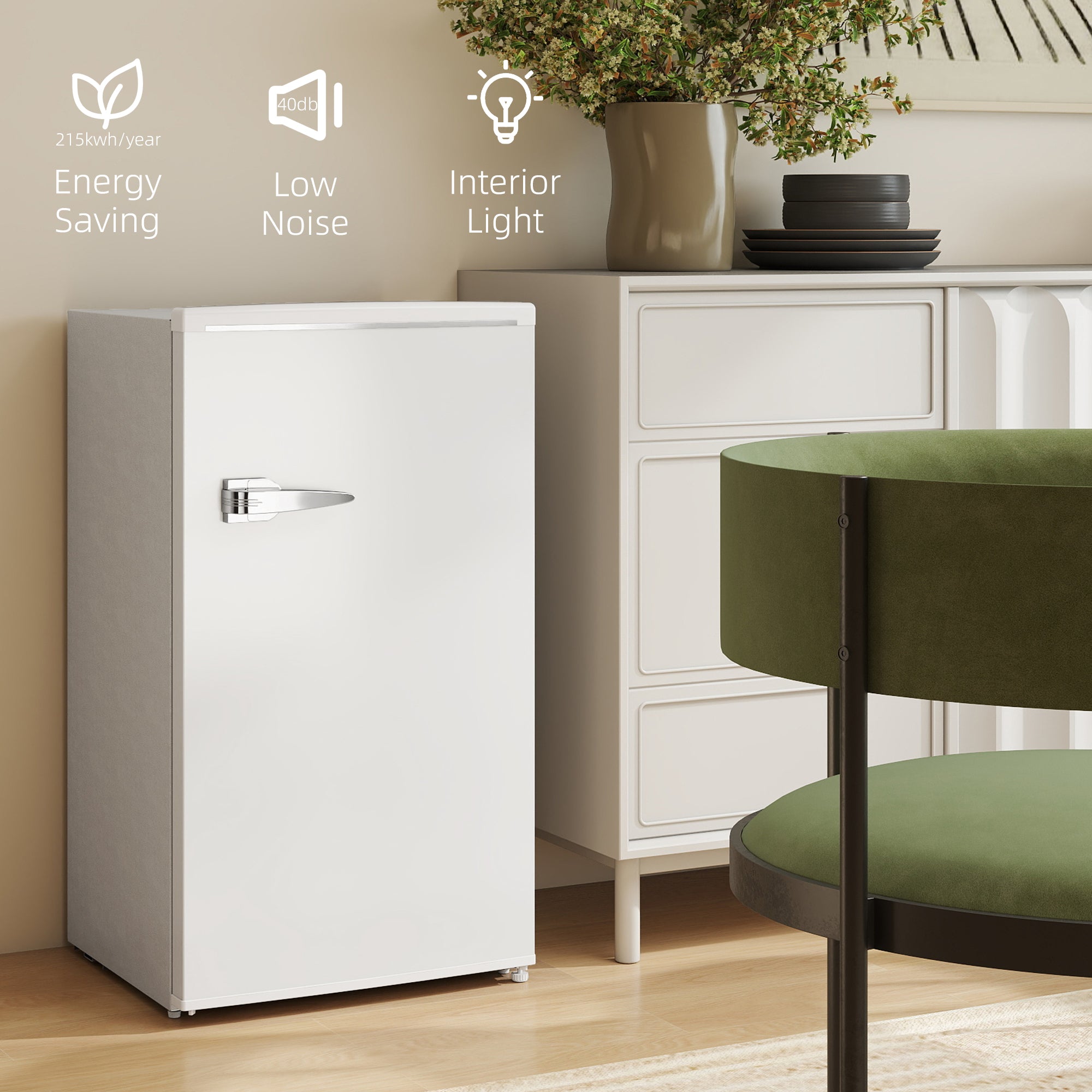 HOMCOM Under Counter Fridge, 85L Small Retro Refrigerator with Chiller Box, Adjustable Thermostat, Glass Shelves, White - North Peak Garden Furniture