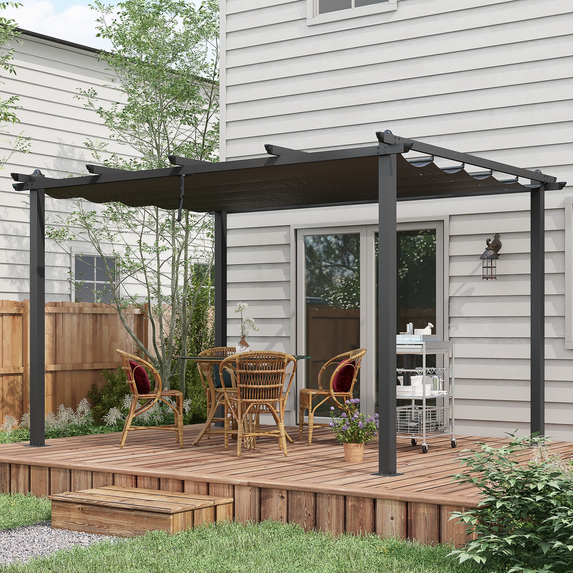Outsunny 3 x 4m Aluminium Pergola, with Retractable Roof - Dark Grey - North Peak Garden Furniture