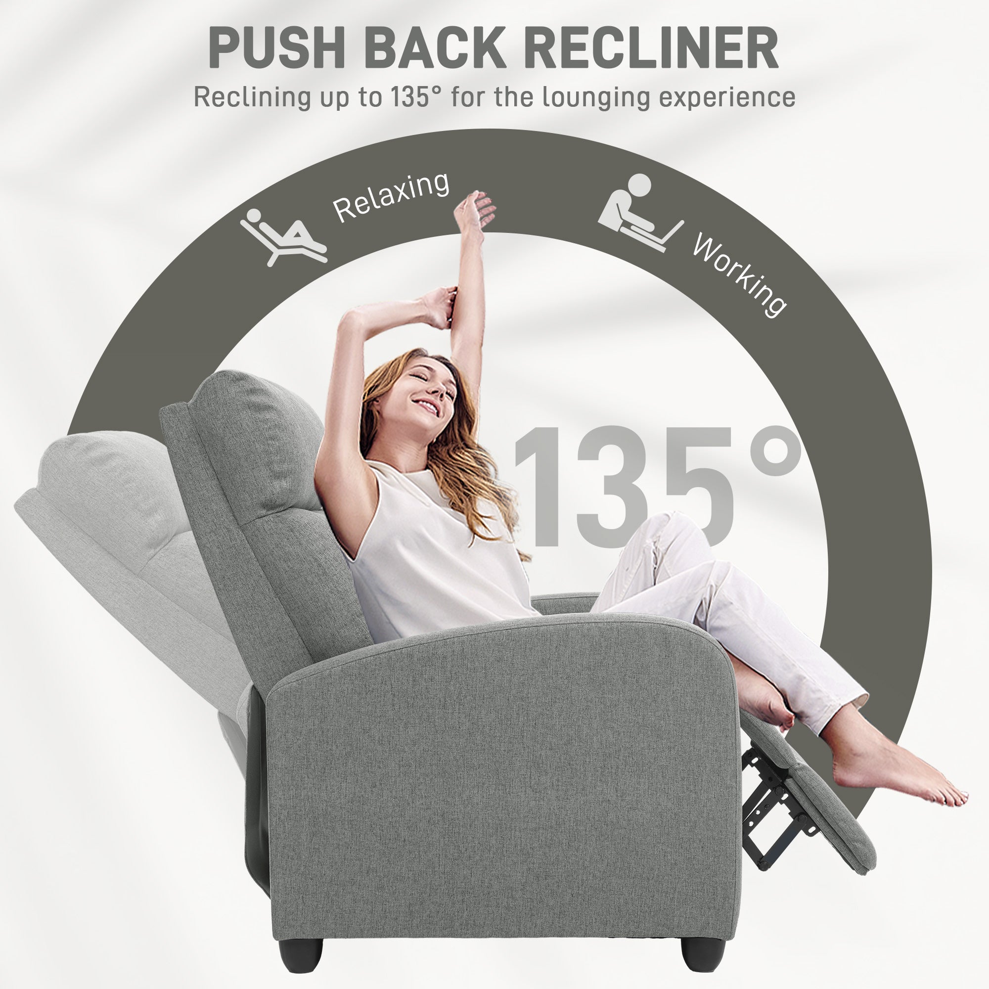 HOMCOM Push Back Recliner Armchair, Linen Fabric Manual Reclining Chair with Adjustable Footrest and Padded Seat for Living Room, Bedroom, Light Grey - North Peak Garden Furniture