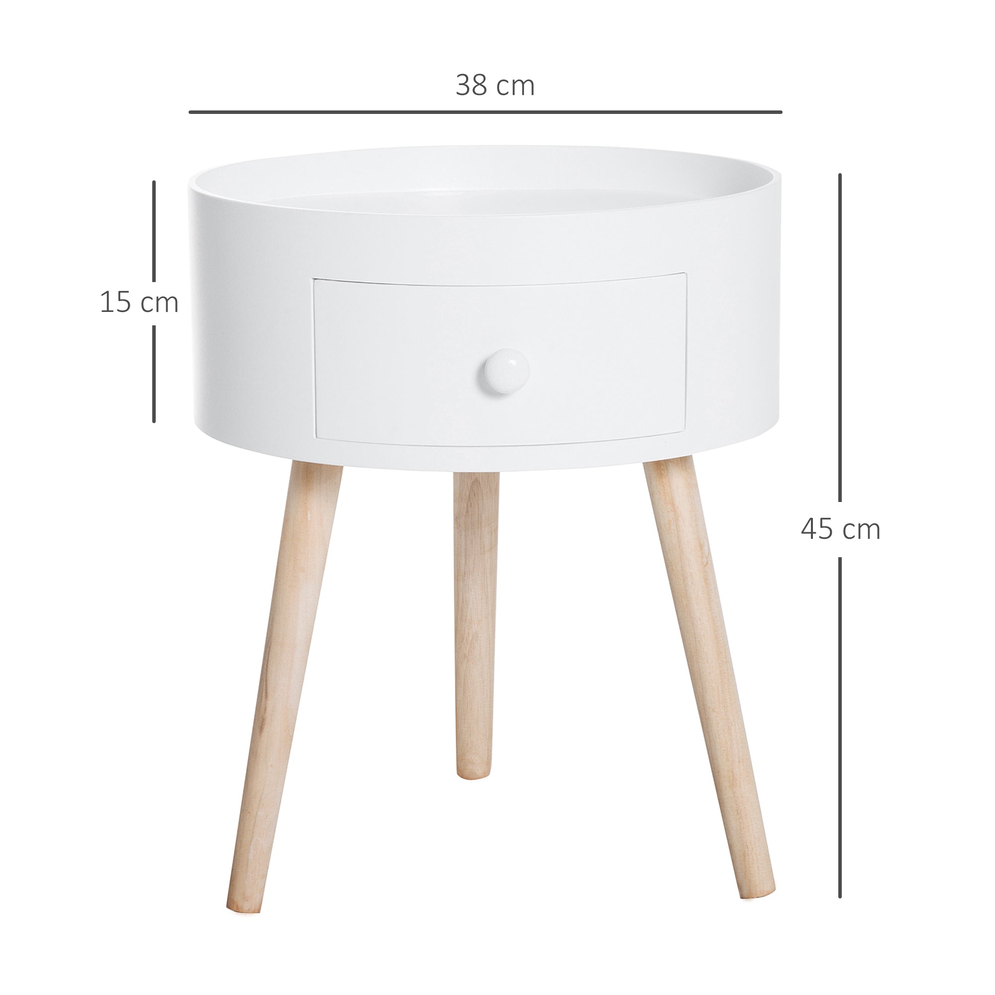 HOMCOM Modern Side Table, Small Coffee Table, Round Bedside Table with Drawer and Wood Legs for Living Room, Bedroom, Set of 2, White - North Peak Garden Furniture