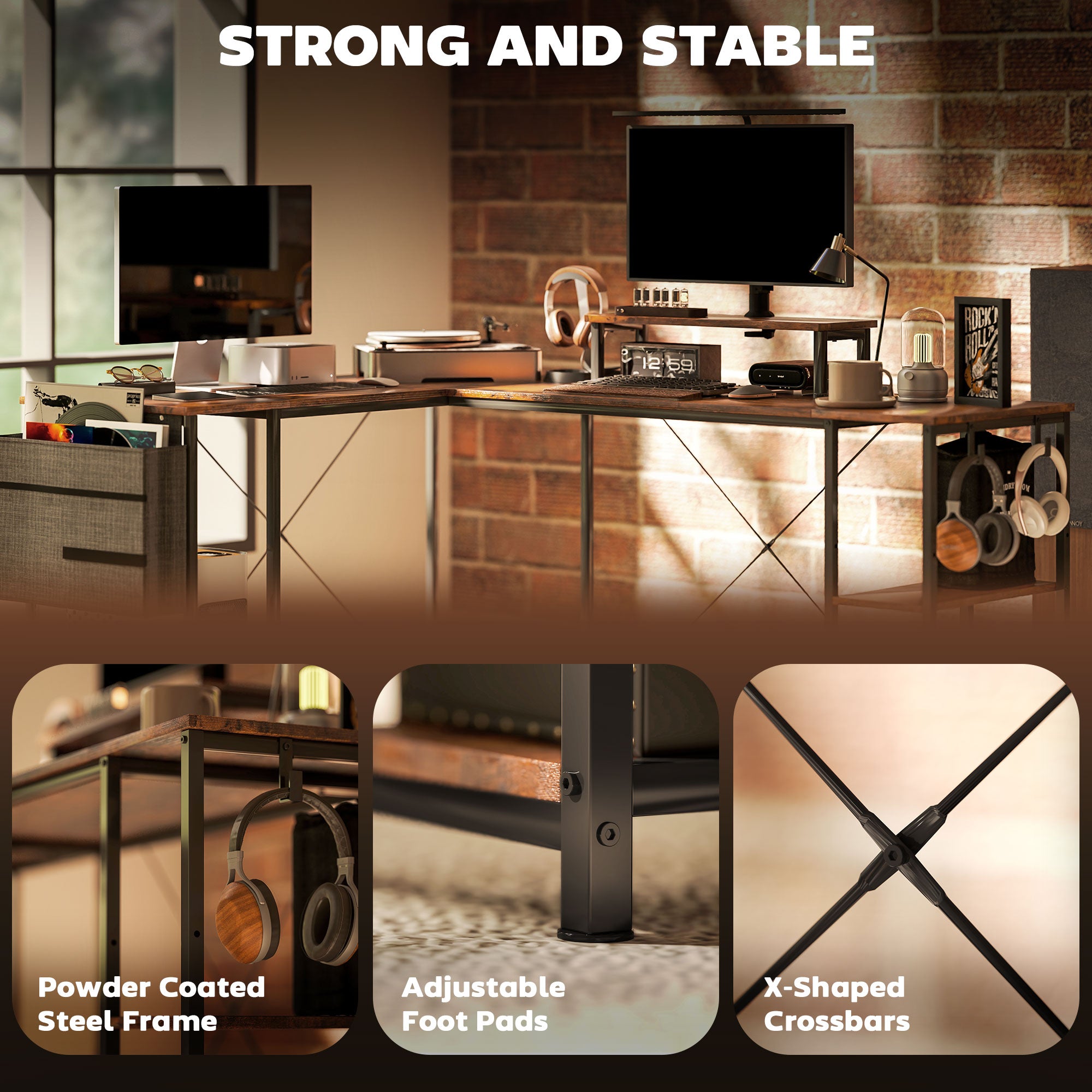 HOMCOM 168cm Reversible L Shaped Desk, Industrial Corner Computer Desk with Adjustable Shelf and Storage Bag, 240cm 2 Person Desk with Monitor Stand, Rustic Brown - North Peak Garden Furniture