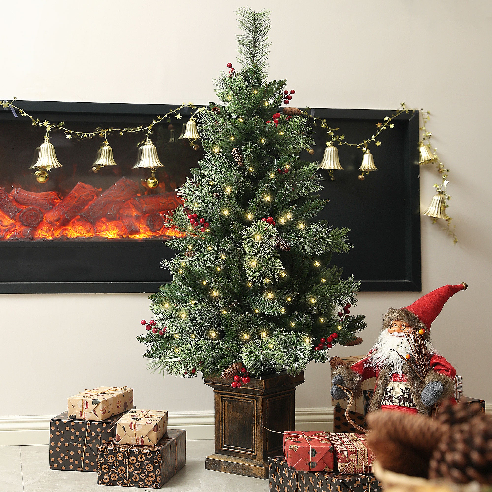 HOMCOM 1.2m/4ft Artificial Christmas Tree with 100 Warm White LED Lights and 8 Modes, Small Xmas Tree with Red Berries, Pine Cones and Retro Base, Green - North Peak Garden Furniture