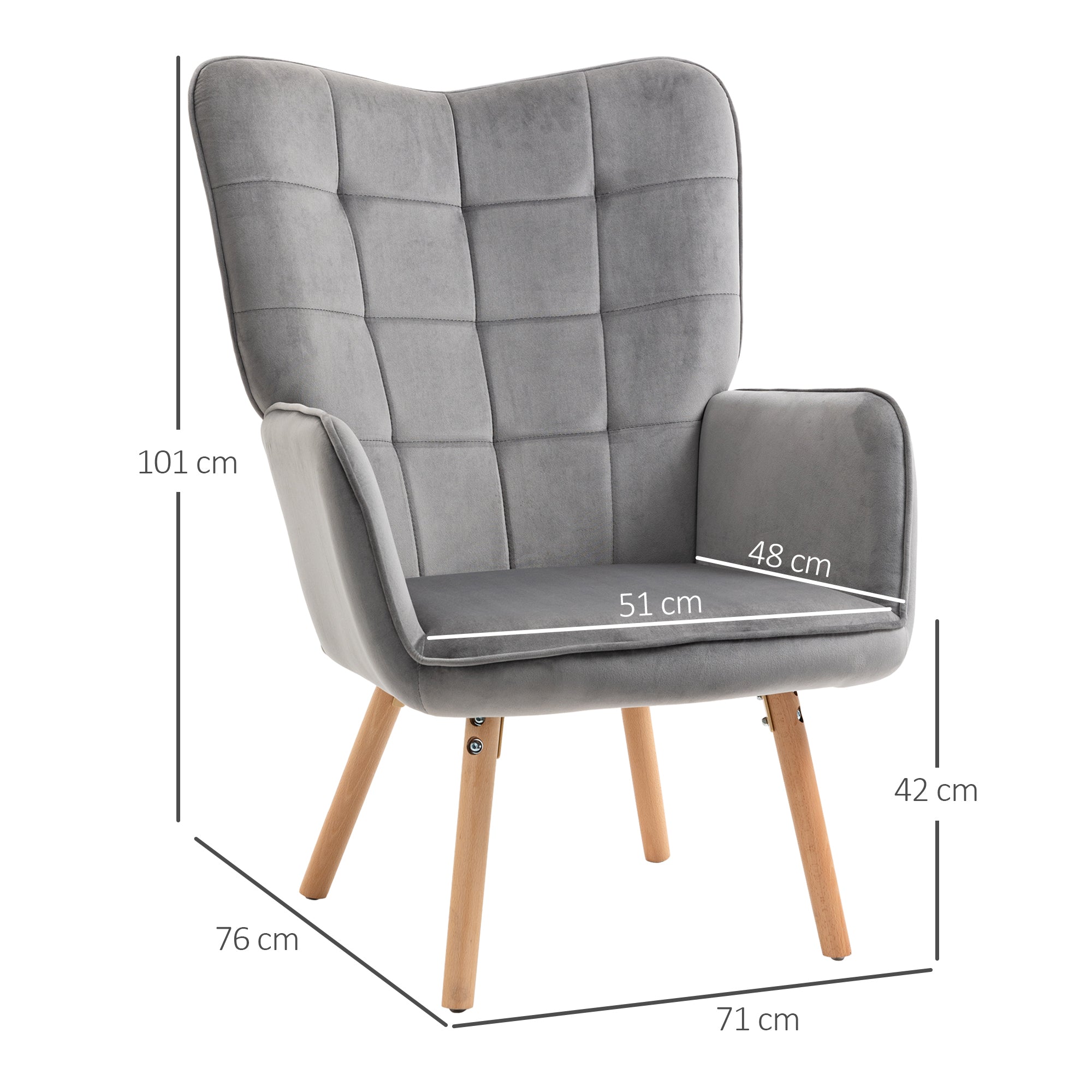 HOMCOM Modern Accent Chair Velvet-Touch Tufted Wingback Armchair Upholstered Leisure Lounge Sofa Club Chair with Wood Legs, Grey - North Peak Garden Furniture