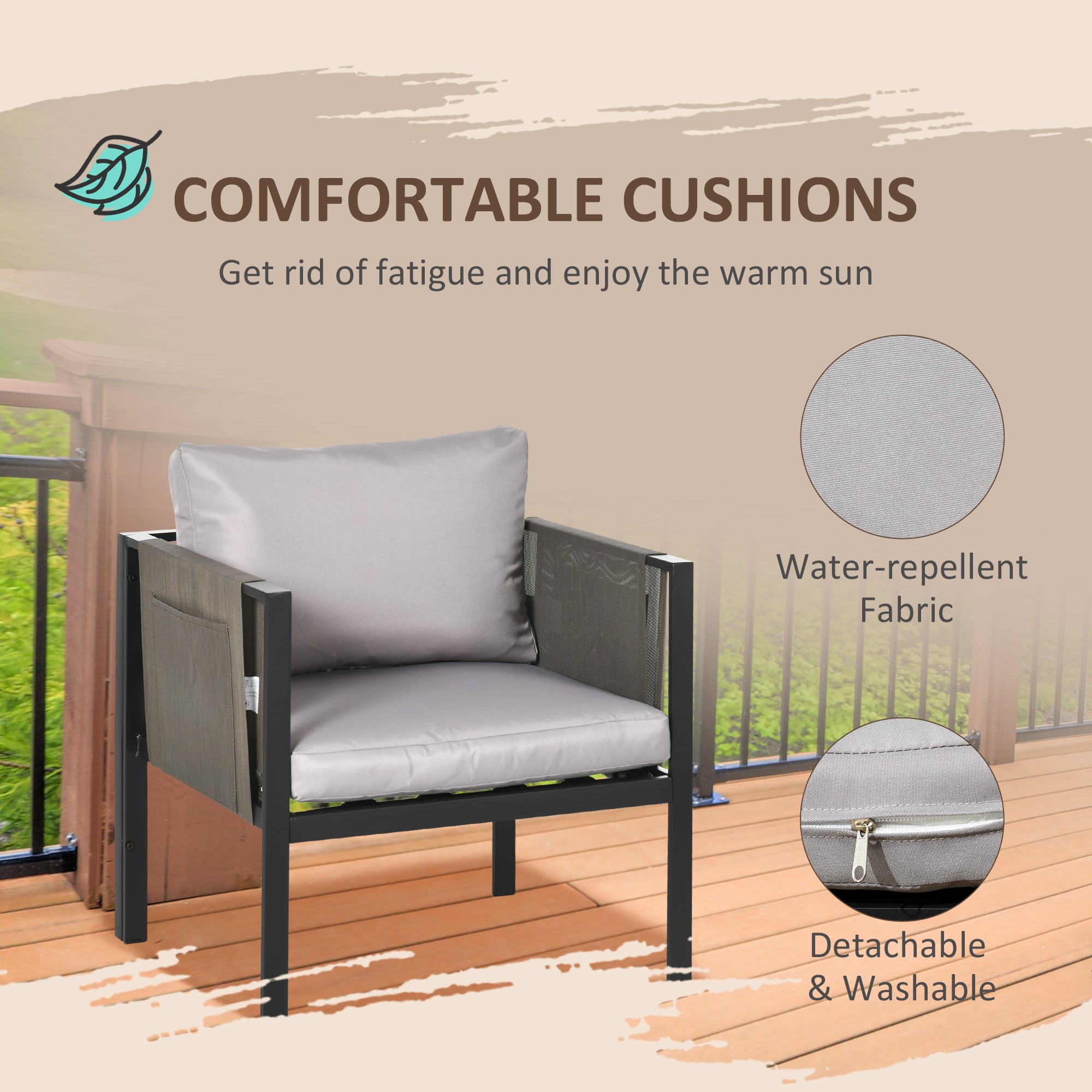 Outsunny 4 Piece Metal Garden Furniture Set with Tempered Glass Coffee Table, Texteline Pocket, Outdoor Patio Set Loveseat Single Armchairs with Padded Cushions, Light Grey