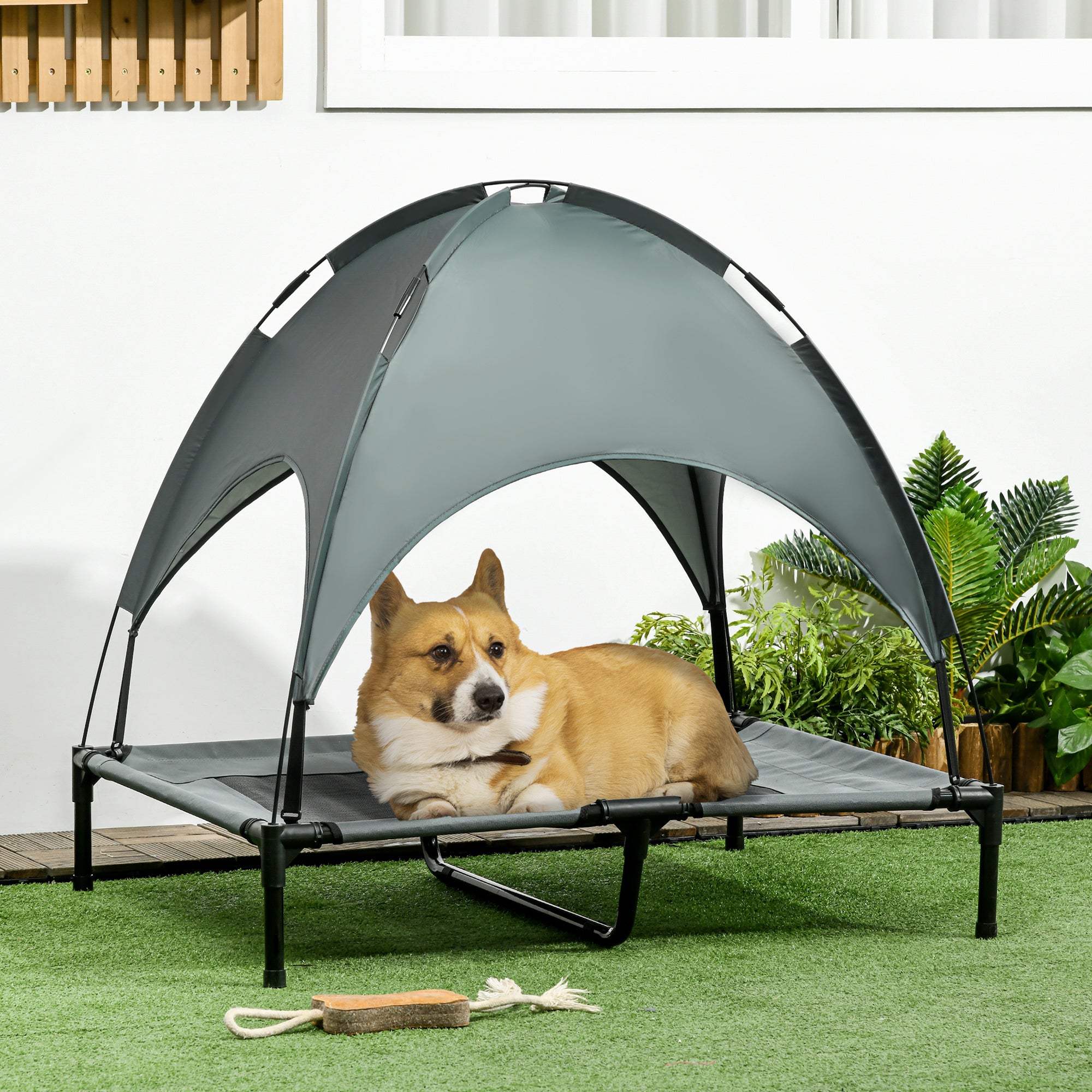 PawHut Raised Dog Bed Waterproof Elevated Pet Cot with Breathable Mesh UV Protection Canopy Grey, for Large Dogs, 92 x 76 x 90cm - North Peak Garden Furniture