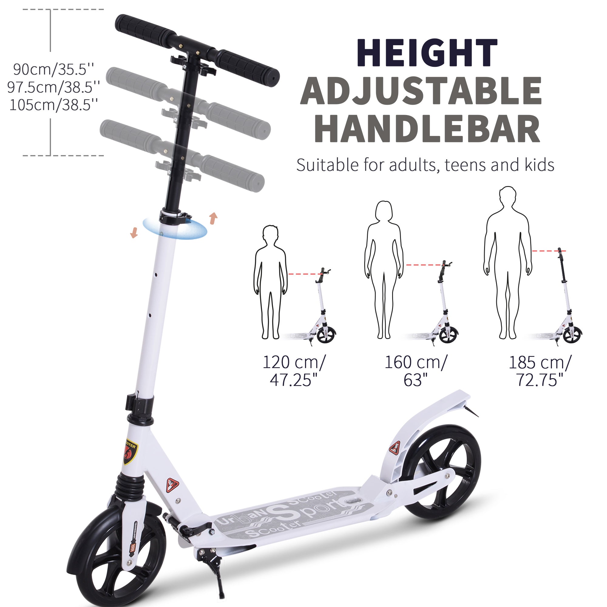 HOMCOM Folding Kick Scooter 2 Big Wheels Teens Adult 14+ Adjustable Ride On White - North Peak Garden Furniture