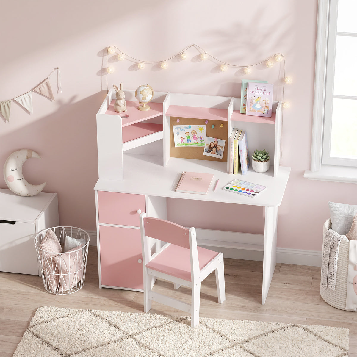 AIYAPLAY Kids Desk and Chair Set Storage Shelves Kids Desk Adjustable Tablet Stand Cork Board Pen Holder Pink